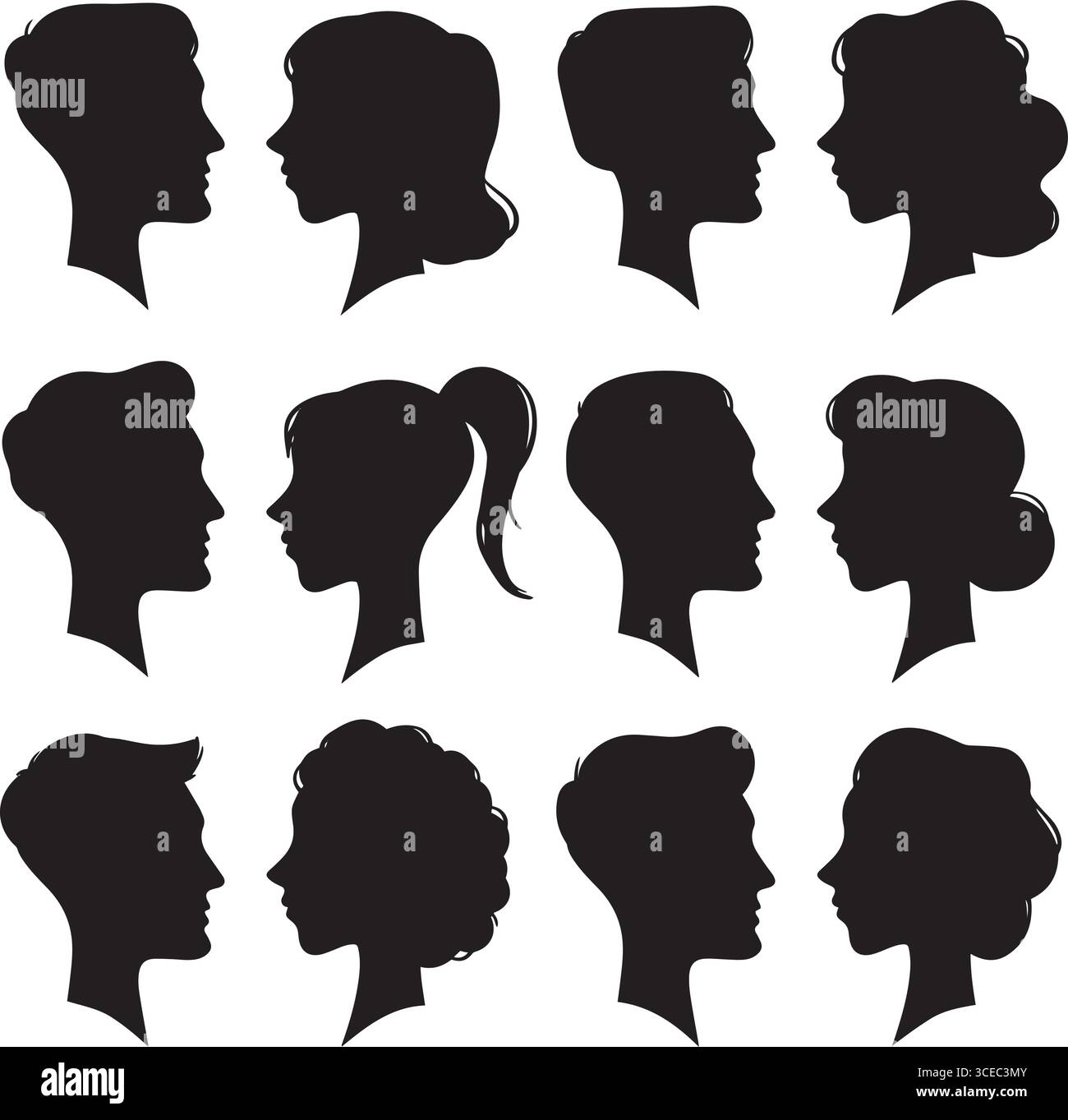 Silhouettes féminines et masculines dans un style camée vintage. Silhouette portrait de profil de visage de femme et d'homme rétro. Illustration de Vecteur