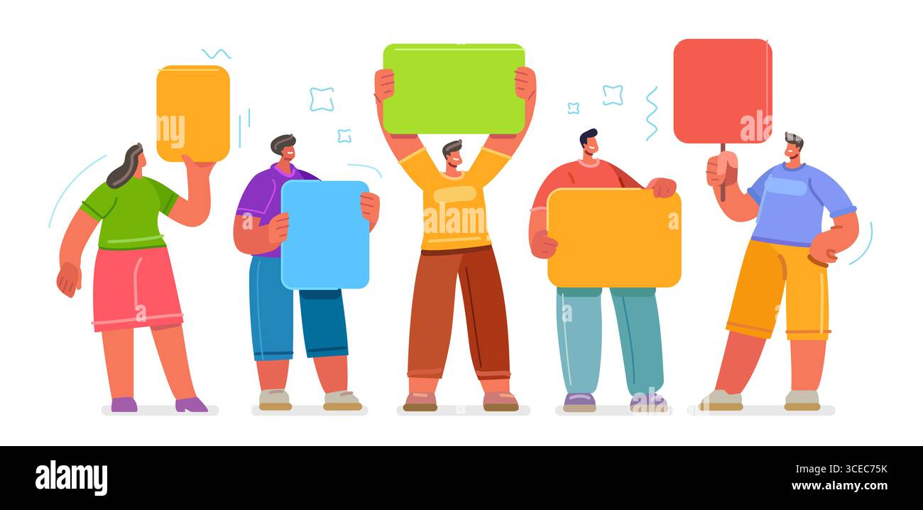 Groupe de personnes tenant des signes vierges pour les messages. Étudiants debout avec une pancarte dans les mains. L'opinion publique Illustration de Vecteur