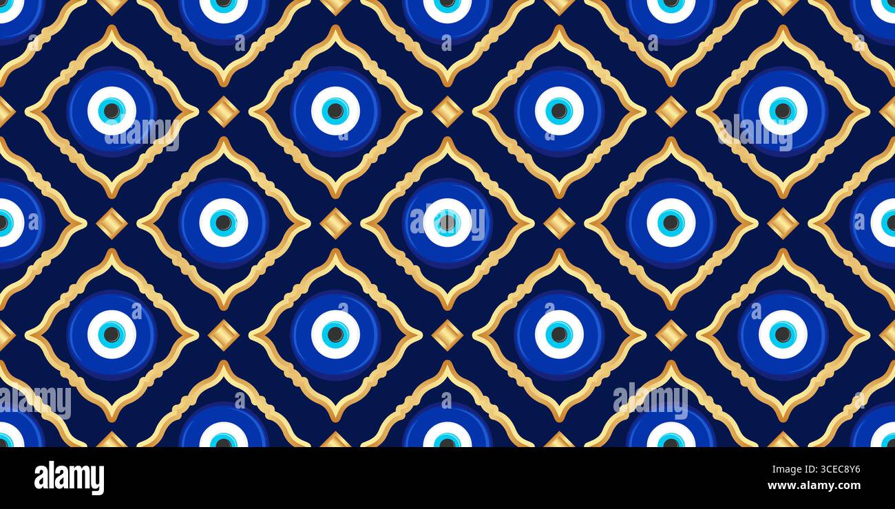 Motif mauvais oeil sans couture. Fond vectoriel turc avec des perles bleues et nazar magique. Amulette grecque mystique est le symbole de la protection et de la chance. Arabe Illustration de Vecteur