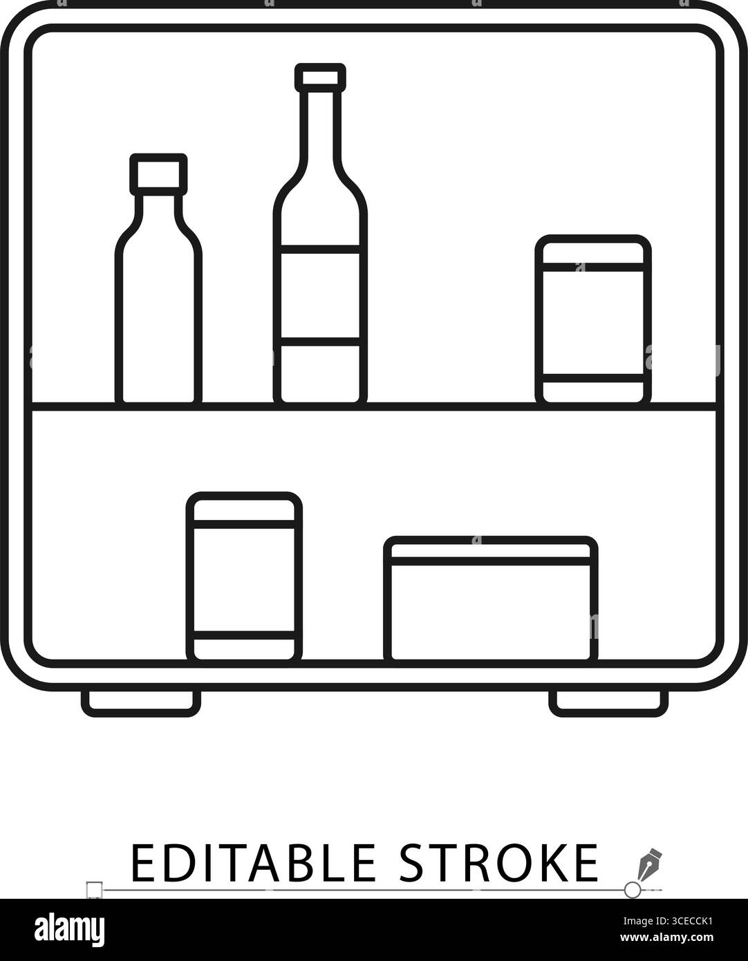 Icône minimaliste du minibar avec bouteilles et canettes à l'intérieur du réfrigérateur. Illustration de dessin au trait de trait modifiable. Concept de service hôtelier, stockage des boissons Illustration de Vecteur