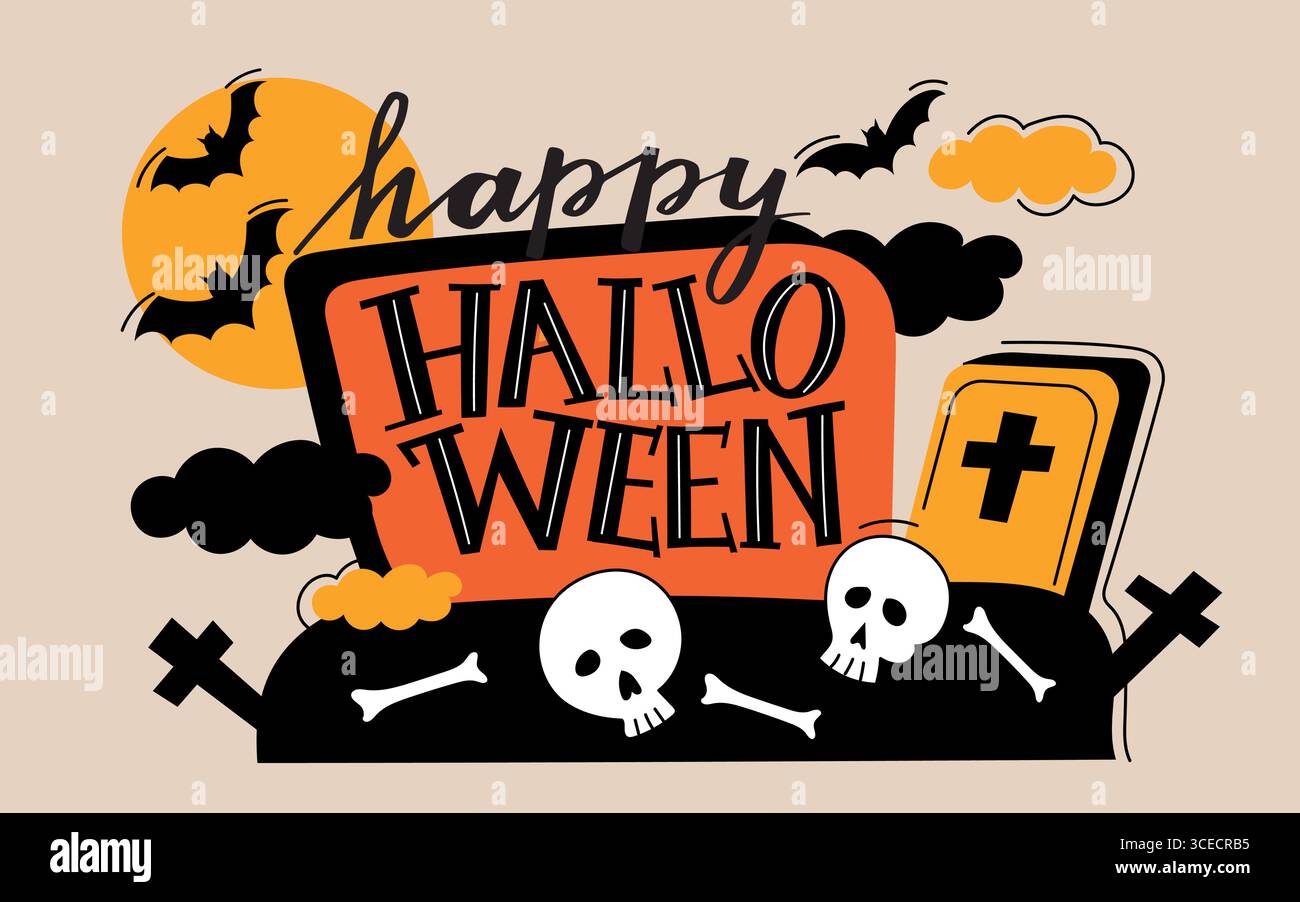 Bannière de lettrage Halloween. Des éléments de dessin animé de vacances effrayants avec des crânes de texte, des croix, des chauves-souris, une affiche de fête d'octobre effrayante avec une décoration d'horreur. Vecteur Illustration de Vecteur