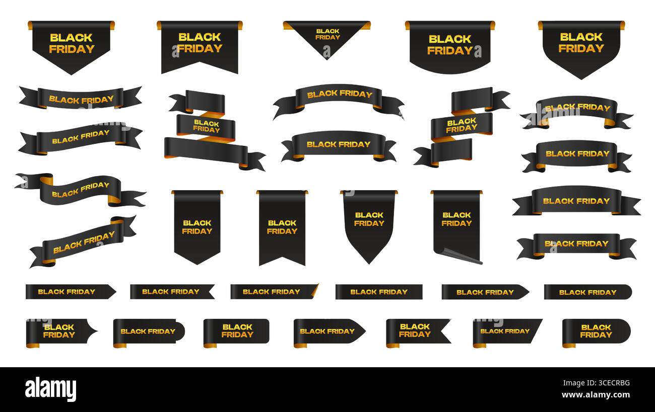 Étiquette ruban Black friday. Autocollant de prix d'offre spéciale, marque-page de boucle de coin avec texte doré Black Friday, forme d'étiquette de réduction de vente pour le shopping Illustration de Vecteur