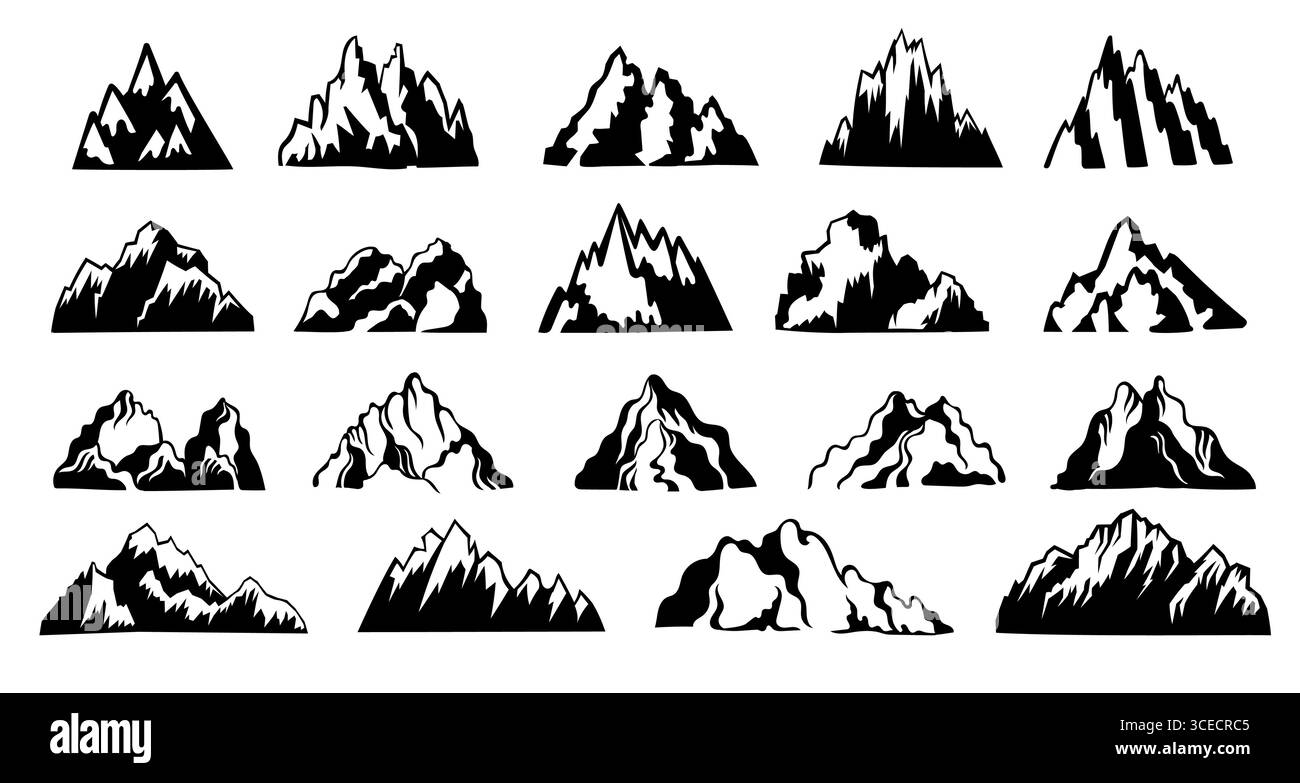 Silhouette de montagne. Icônes de montagne noires, paysage de roche de neige de pic de gamme de collines pour la conception de logo, éléments de randonnée de la nature de dessin animé plat. Montagnes vectorielles Illustration de Vecteur