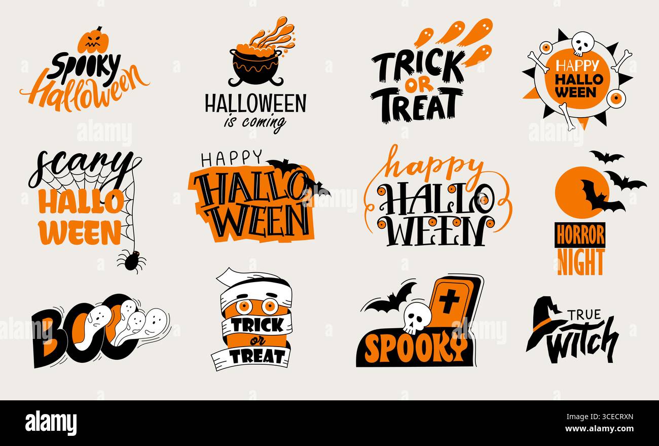Typographie d'Halloween. Calligraphie de vacances effrayante avec des symboles traditionnels, silhouettes effrayantes de toile d'araignée de chauve-souris de citrouille, affiche de bannière de célébration d'octobre Illustration de Vecteur
