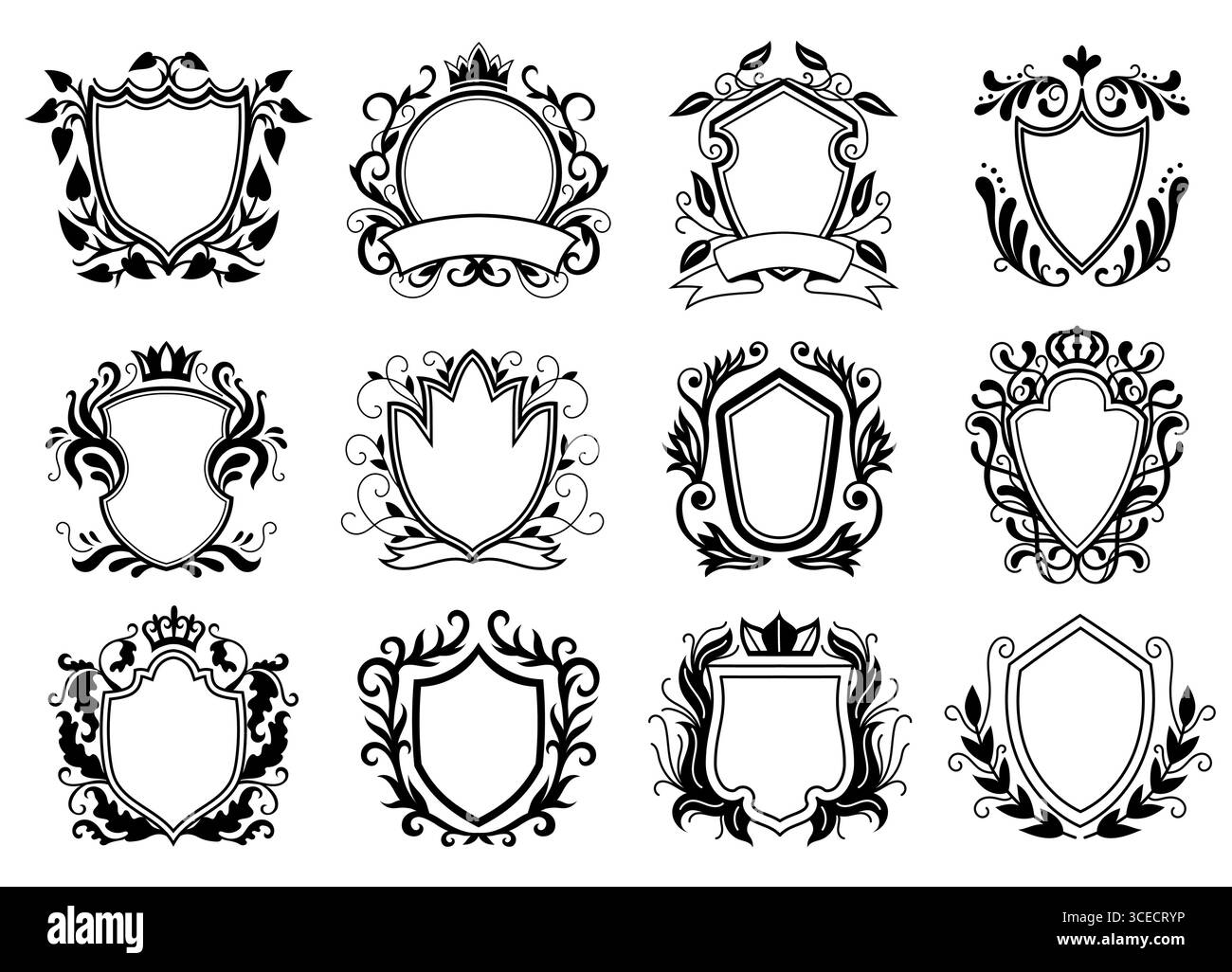 Boucliers héraldiques vides. Icônes monochromes de badge de chevalier médiéval, silhouettes d'emblème d'écusson vintage, symbole de sécurité de protection. Vecteur héraldique isolé Illustration de Vecteur