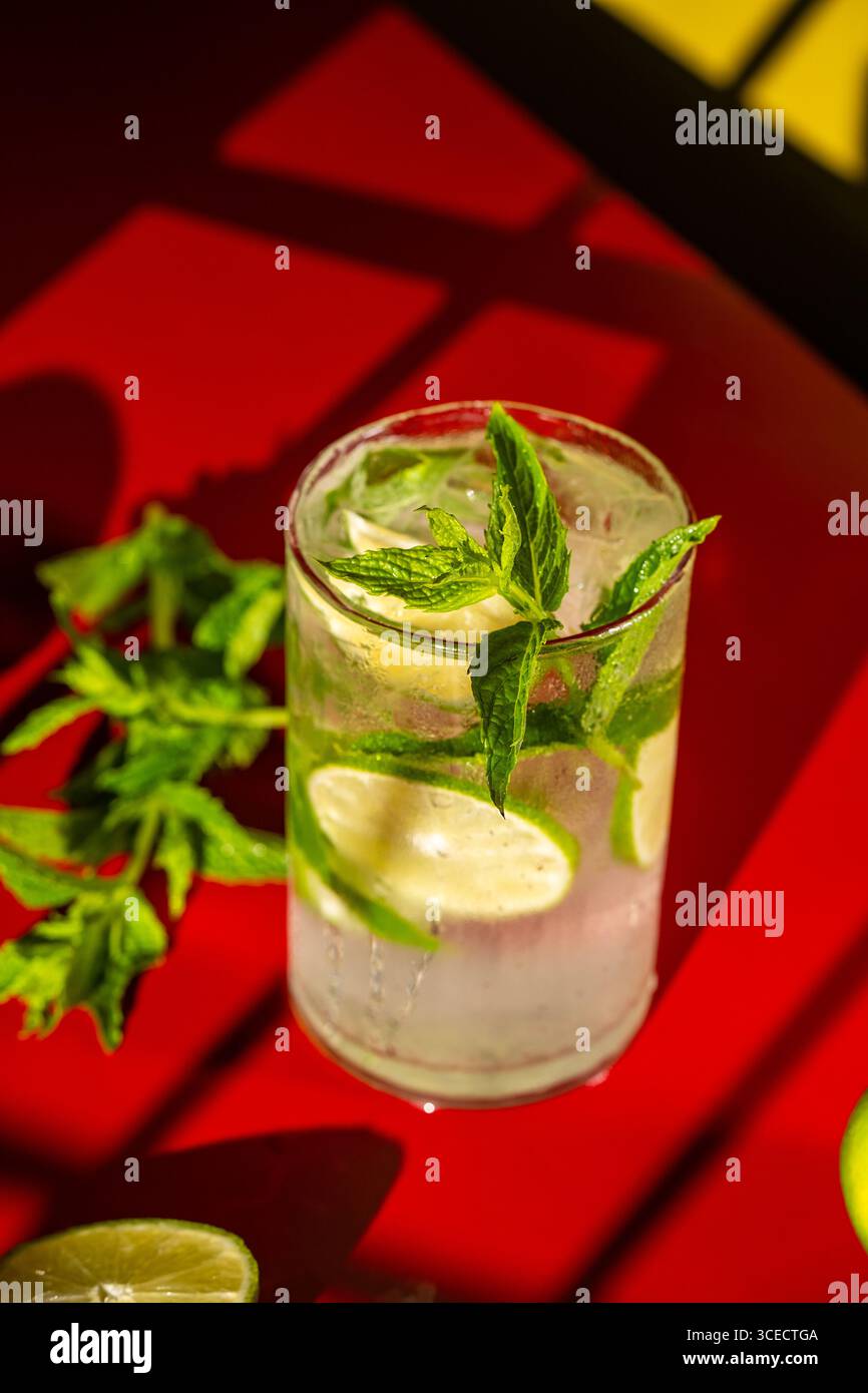 Un cocktail de mojito classique garni de menthe fraîche et de tranches de citron vert se trouve délicieusement sur un fond rouge audacieux, créant une ambiance rafraîchissante et vibrante Banque D'Images