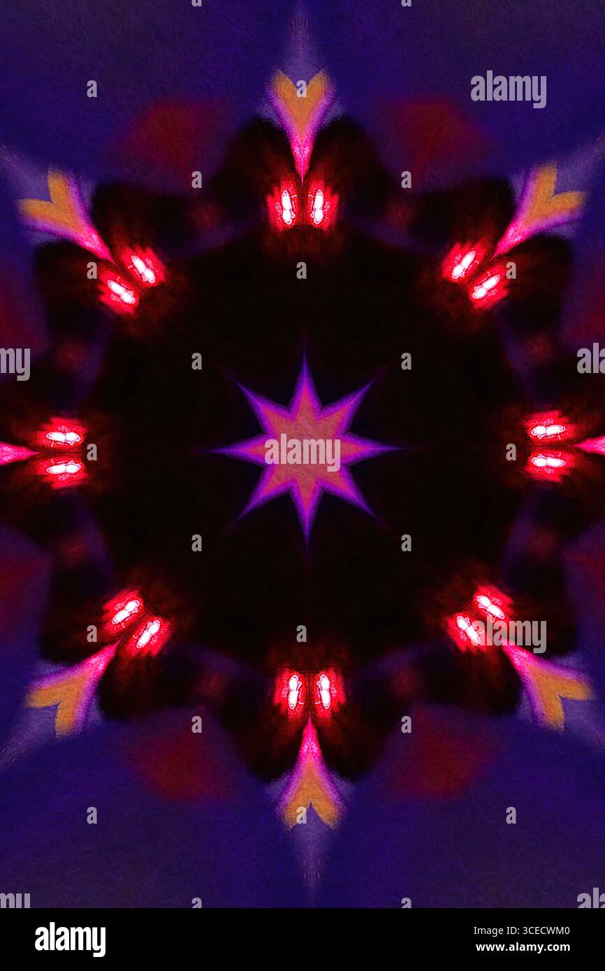 Design kaléidoscopique abstrait avec des motifs lumineux rouges et violets, créant un arrangement géométrique fascinant. L'image est vive et SY Banque D'Images