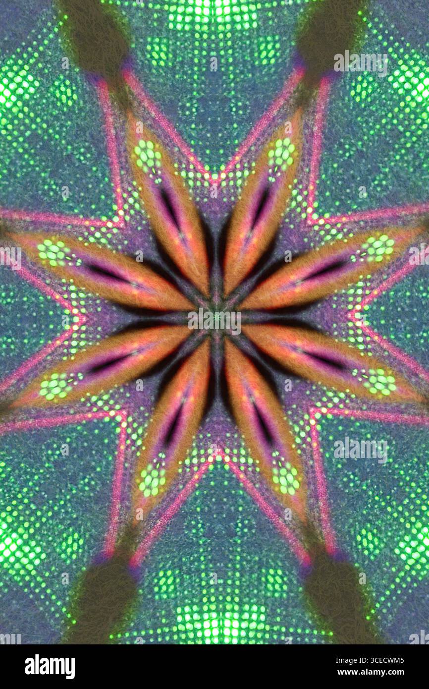 Design kaléidoscopique abstrait avec des couleurs vives au néon créant un motif géométrique symétrique. Les teintes vertes et roses lumineuses forment un psy futuriste Banque D'Images