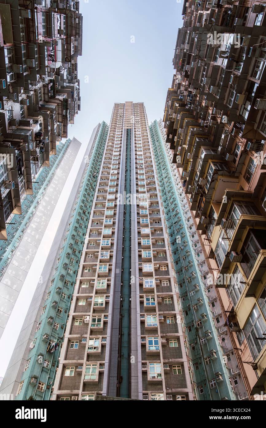 Les bâtiments résidentiels imposants à faible angle montent en flèche, mettant en valeur l'architecture urbaine dense de Hong Kong. Cette perspective ascendante met en évidence l'uniqu de la ville Banque D'Images