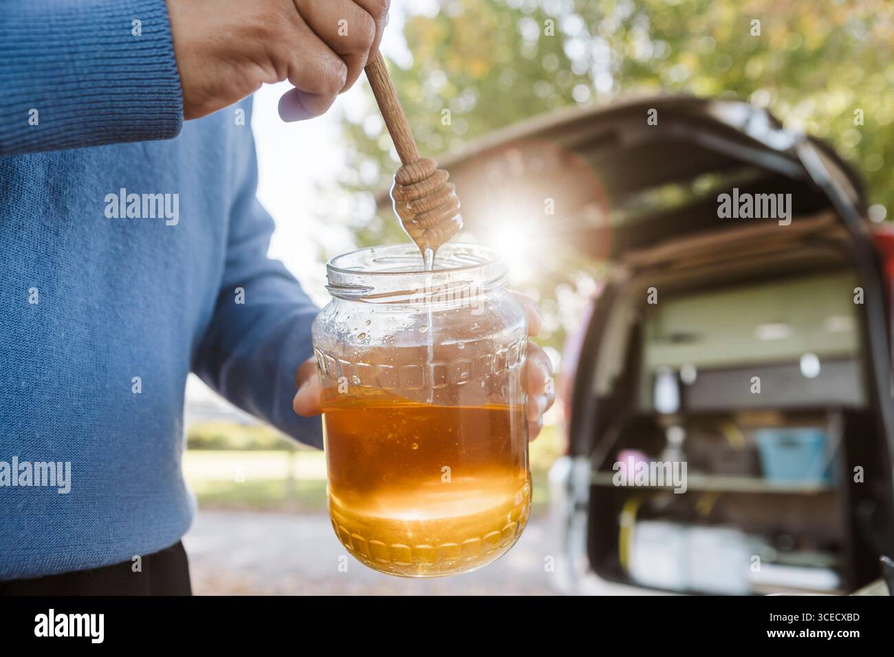 Une femme profite d'un délicieux petit déjeuner avec du miel à l'extérieur de sa camionnette au milieu du paysage d'automne dynamique de la Nouvelle-Zélande. Elle embrasse la nature et les tranquili Banque D'Images