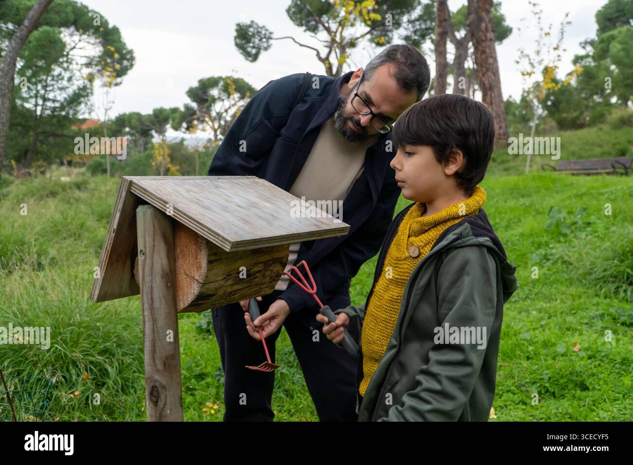 Un père et son fils travaillent ensemble sur le maintien des hôtels pour insectes dans un parc urbain, la sensibilisation à l'environnement et le renforcement de leur lien grâce à h. Banque D'Images