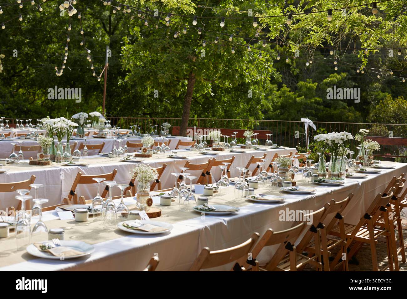 Belle configuration de table de mariage boho à l'extérieur avec des arrangements floraux blancs dans des vases en verre. Chaises et tables en bois avec vaisselle élégante créer Banque D'Images