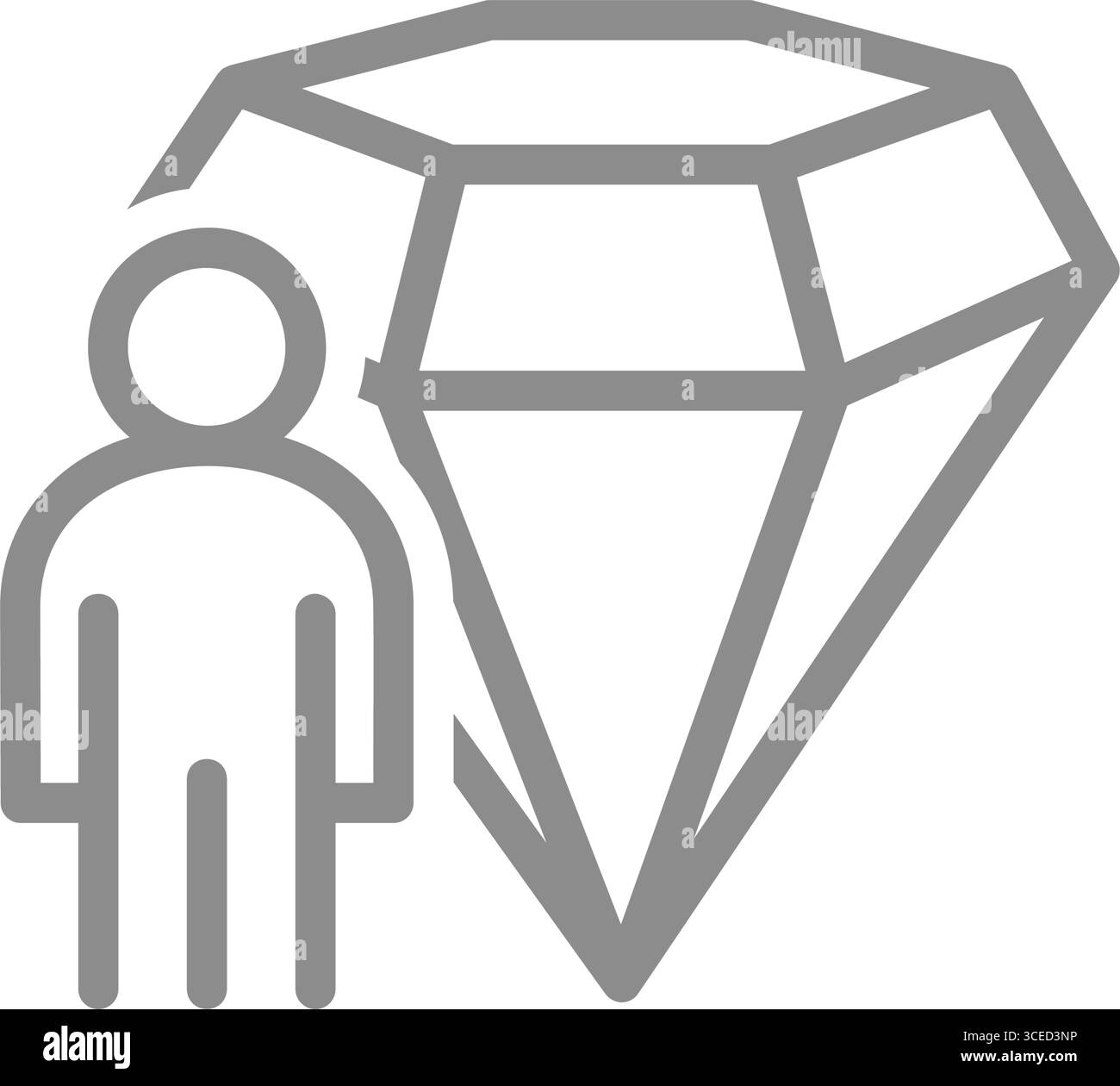 Un homme debout devant une icône de ligne de diamant. Ambition personnelle, définition d'objectifs ou symbole de réussite élevée. Illustration vectorielle Illustration de Vecteur