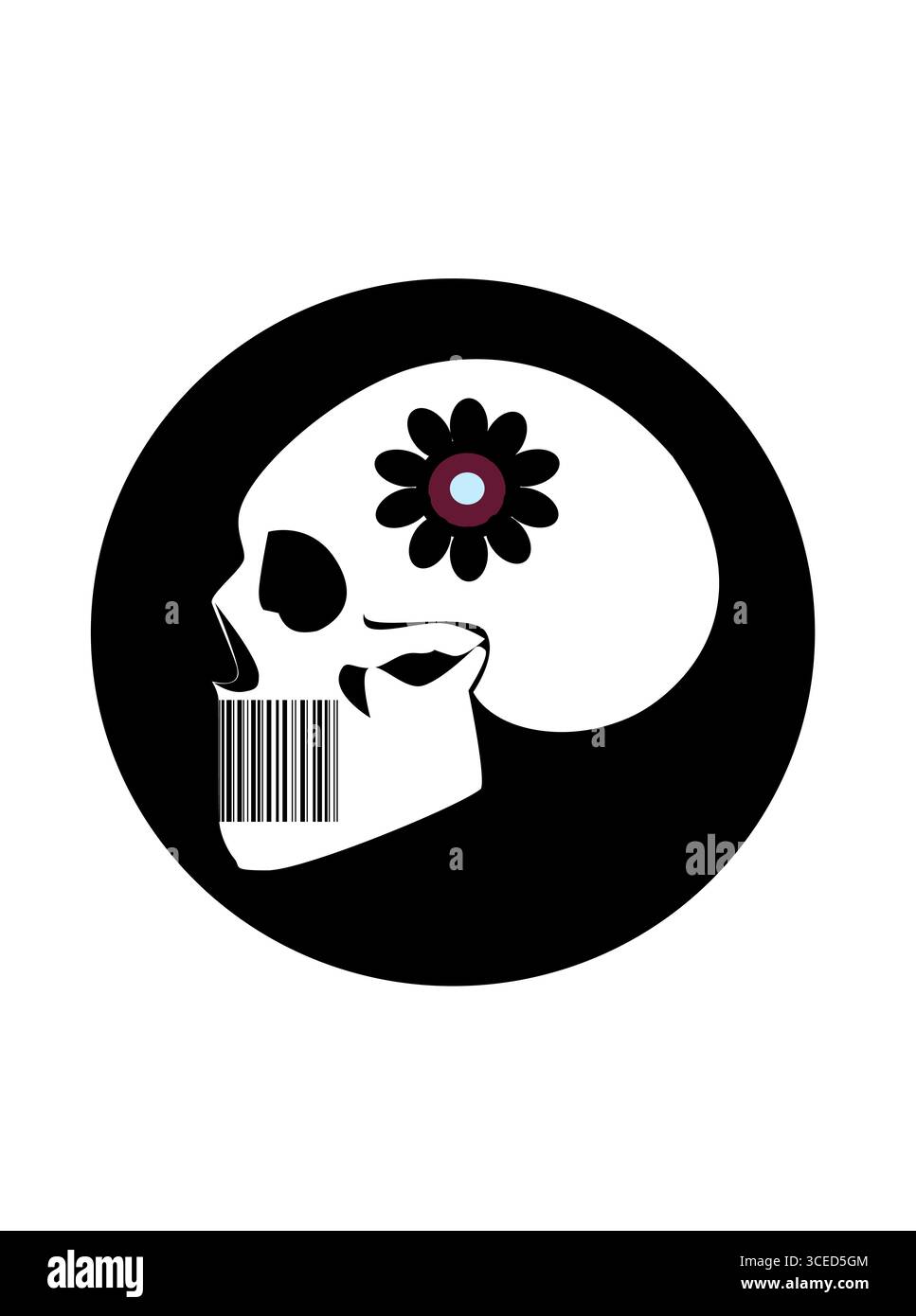 Crâne avec fleur et code-barres. L'image présente un crâne blanc de profil, placé contre un cercle noir plein. Une fleur foncée avec un centre bleu clair i Banque D'Images