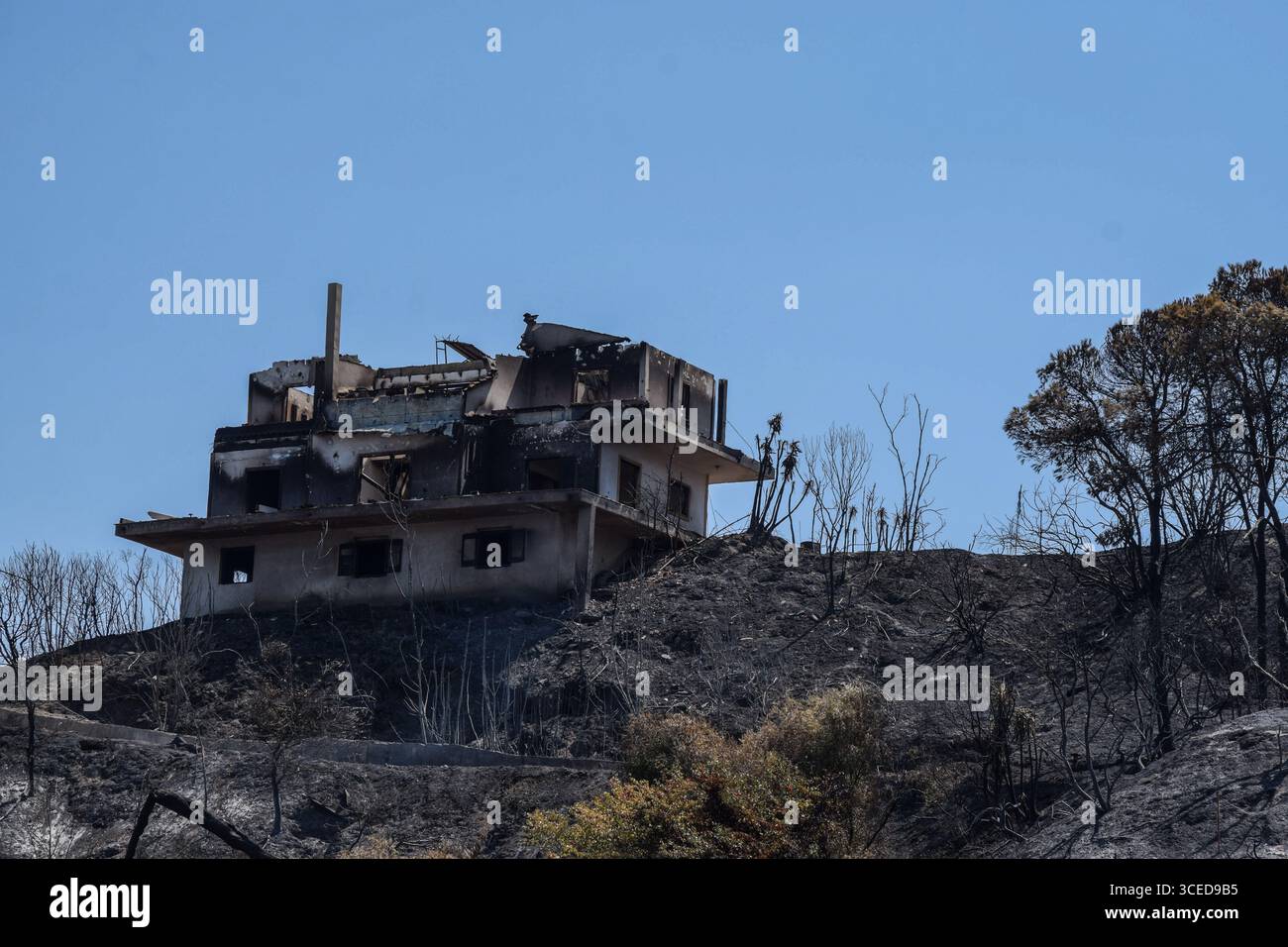Patras, Grèce, 17 août 2025. Une maison de résidence est vue complètement incendiée, suite à un incendie dévastateur dans la banlieue de Patras. Les pompiers, les volontaires et les avions de lutte contre les incendies luttent depuis le 12 août pour éteindre les incendies qui font rage dans de nombreuses régions du pays. Crédit : Dimitris Aspiotis/Alamy Live News Banque D'Images
