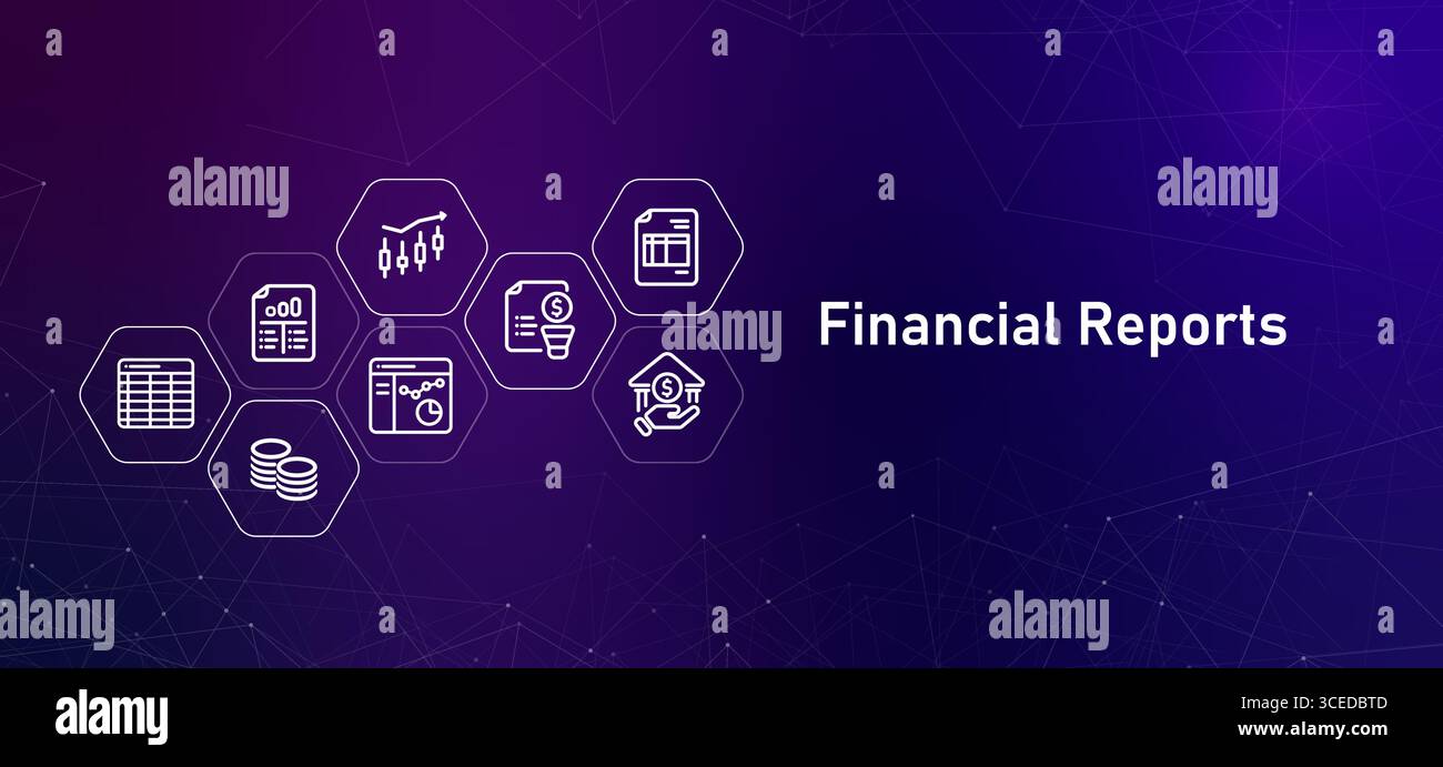 Icônes rapports financiers liées aux tableaux financiers et comptables feuilles de calcul argent bénéfices trimestriels rapports annuels flux de trésorerie bilan et Illustration de Vecteur