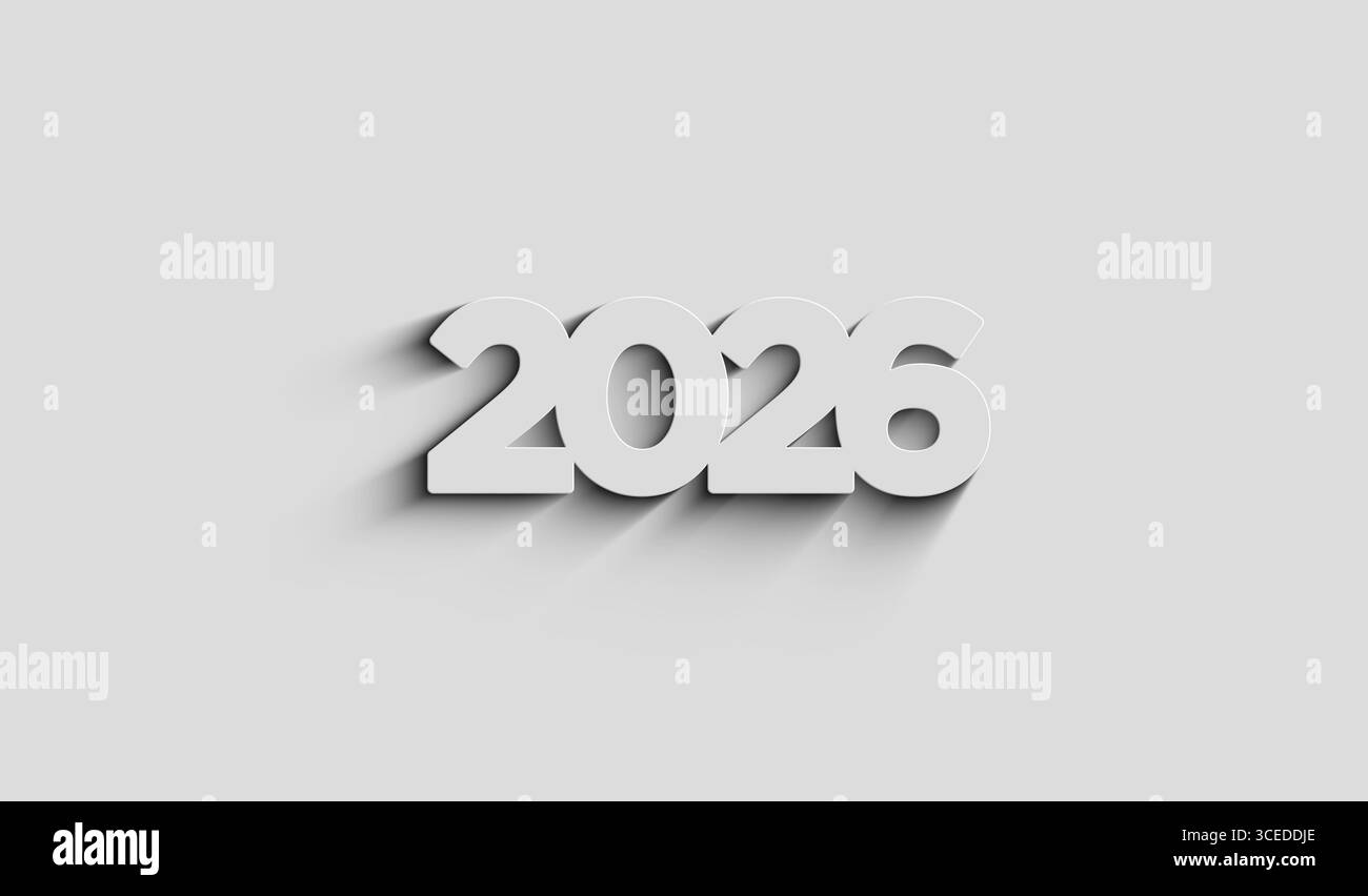 nouveau concept numérique futuriste de symbole de néon de 2026 ans. Illustration 3d abstraite du réseau, de la cybertechnologie et de l'ordinateur. Banque D'Images