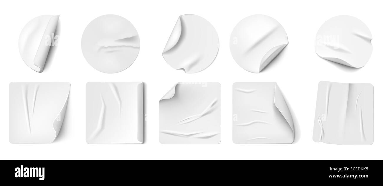 Ensemble de maquettes d'autocollants. Étiquette adhésive ronde, icône réaliste transparente vierge ou papier collant froissé blanc. étiquette de prix 3d. Emblème de promotion de coin courbé, collection de maquettes isolées de vecteur vide Illustration de Vecteur