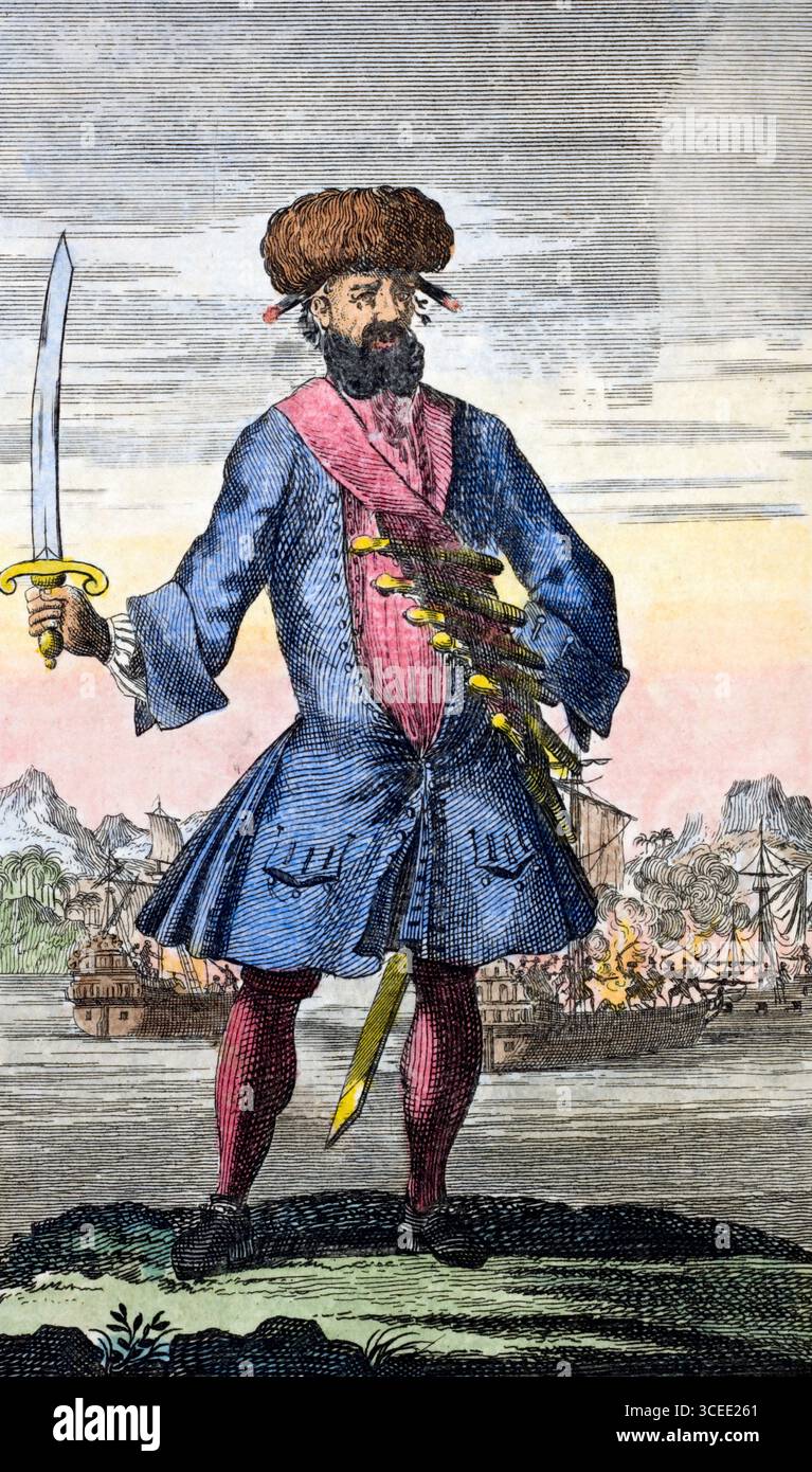 Barbe Noire. Portrait du pirate Edward Teach (ou Thatch ; v. 1680-1718), mieux connu sous le nom de Barbe Noire, gravure, 1724 Banque D'Images