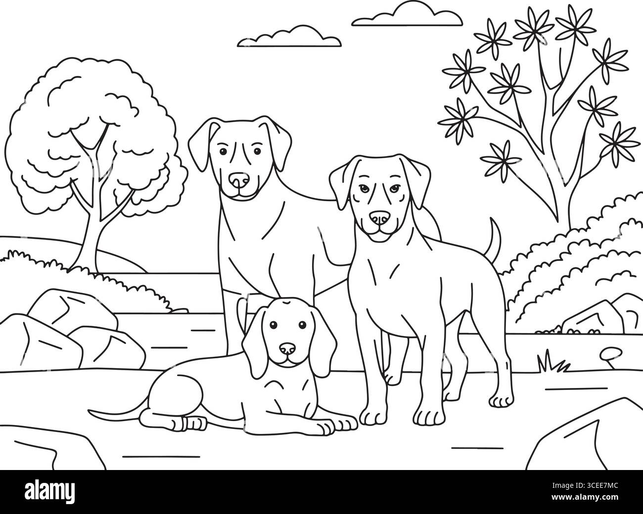 Illustration au trait de trois chiens dans un paysage naturel Illustration de Vecteur