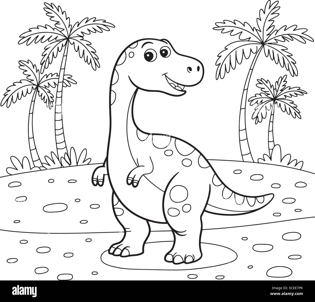 Dinosaure de dessin animé avec des palmiers sur un fond blanc, dessin au trait Illustration de Vecteur