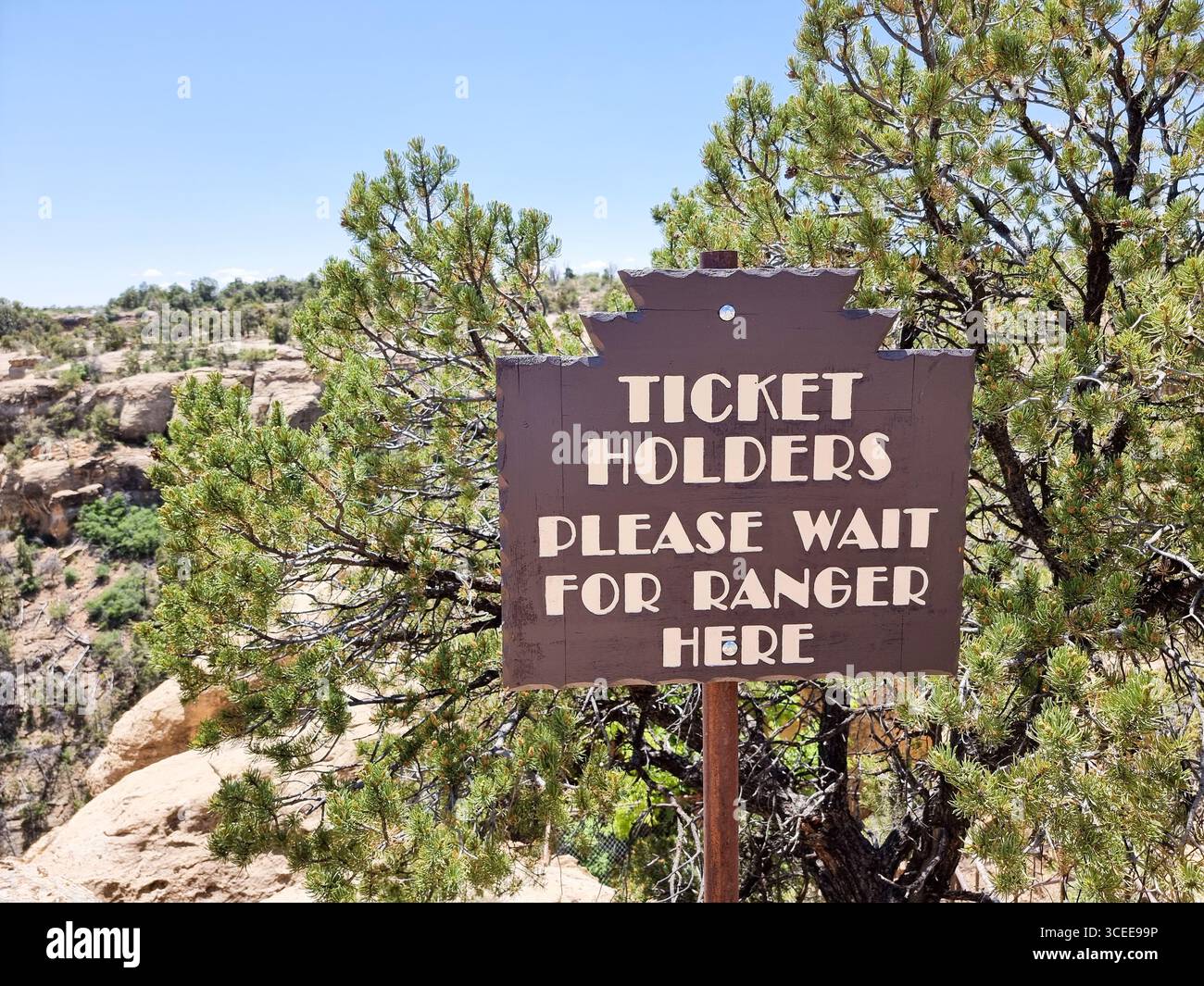 Panneau en bois avec le texte « les détenteurs de billets s'il vous plaît attendre le ranger ici » dans le parc national de Mesa Verde, avec des rochers, des arbustes et des arbres en arrière-plan Banque D'Images