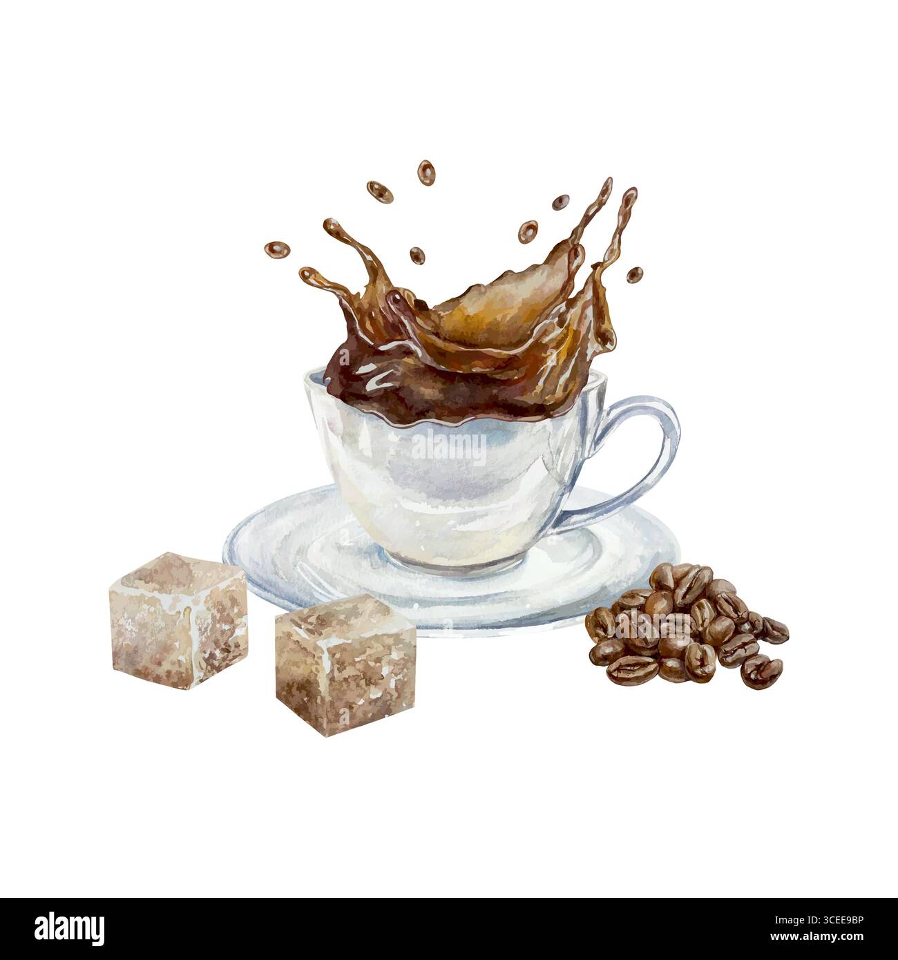 Tasse de café aromatique et éclaboussures, grains de café torréfiés, cubes de sucre de canne. Aquarelle dessinée à la main. Clip art lumineux pour la conception de menu, bannières et PA Illustration de Vecteur