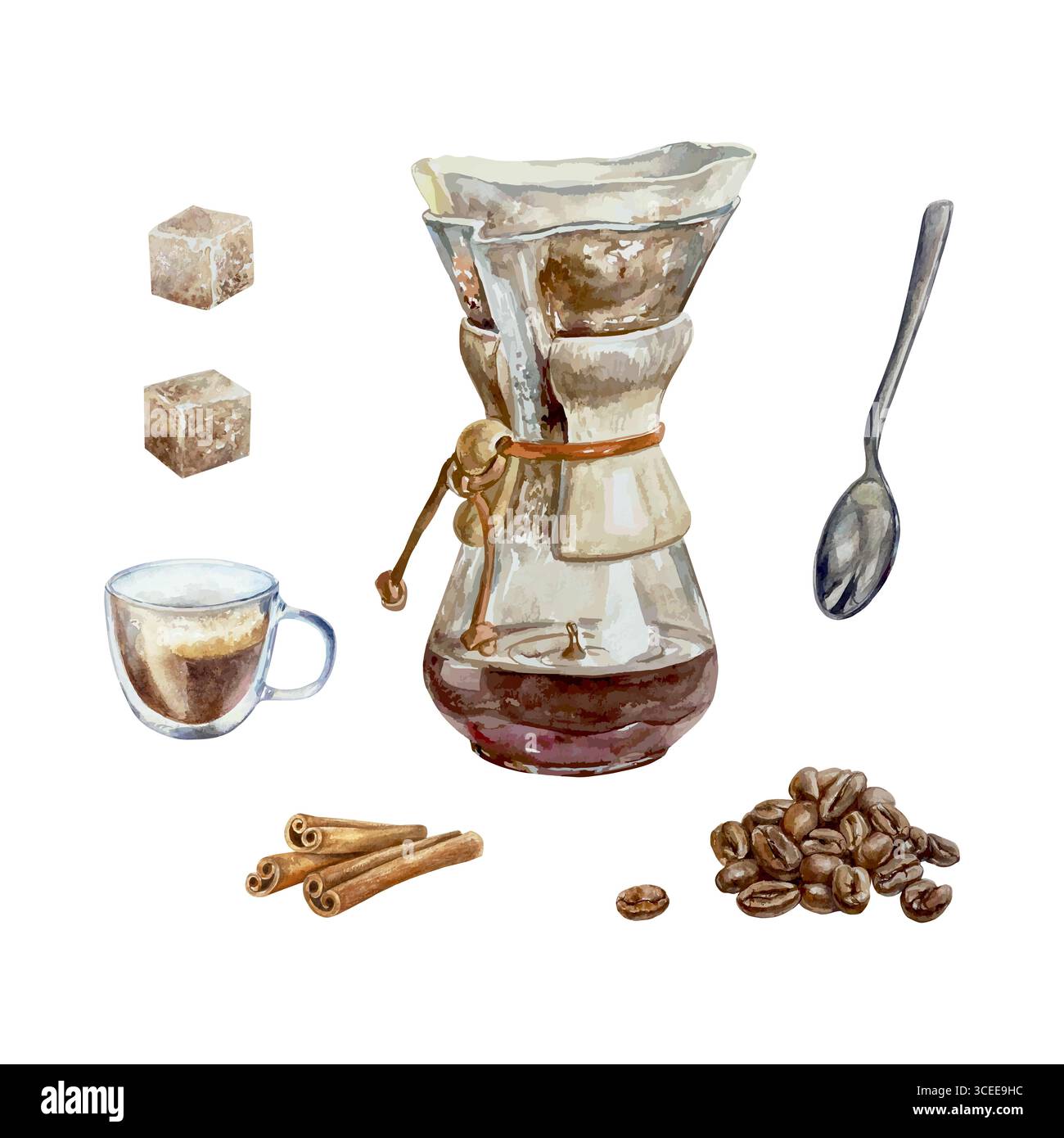 Verser sur la cafetière avec verseuse en verre, grains de café torréfiés, tasse en verre, cuillère, cubes de sucre, bâtonnets de cannelle. Aquarelle dessinée à la main isolée pour le menu, Illustration de Vecteur