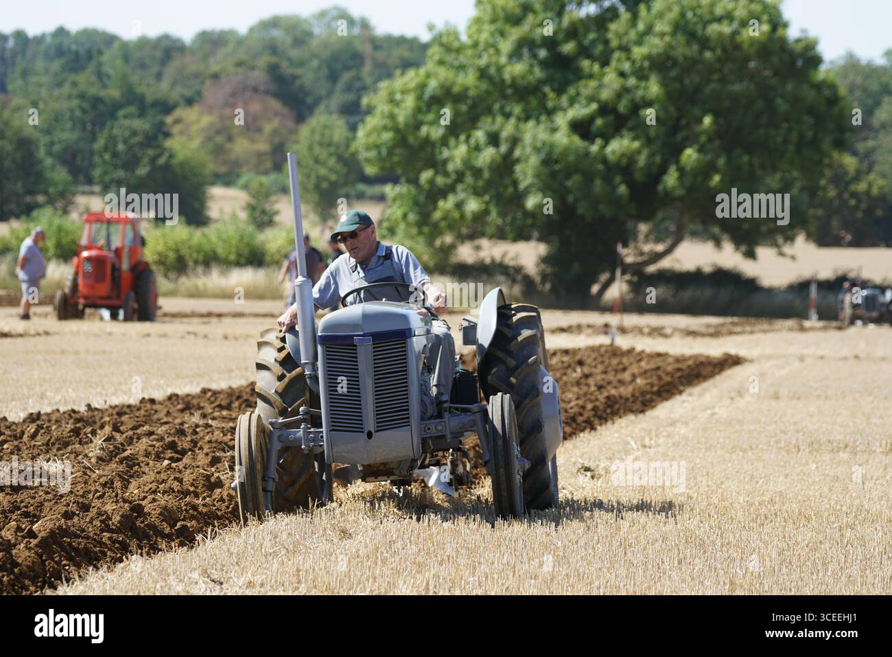 Agriculteur utilisant un tracteur d'époque dans les champs pendant le labourage. Labourage Vintage, Rousham, Angleterre Banque D'Images
