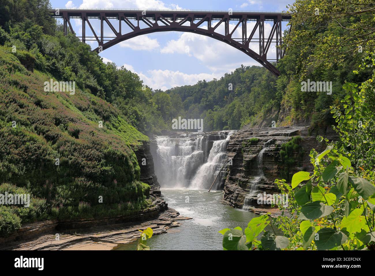 Chutes supérieures du parc d'État de Letchworth dans le nord de l'État de New York. Le tréteau de train apparaît en arrière-plan. Banque D'Images Chutes supérieures du parc d'État de Letchworth dans le nord de l'État de New York. Le tréteau de train apparaît en arrière-plan. Banque D'Images
