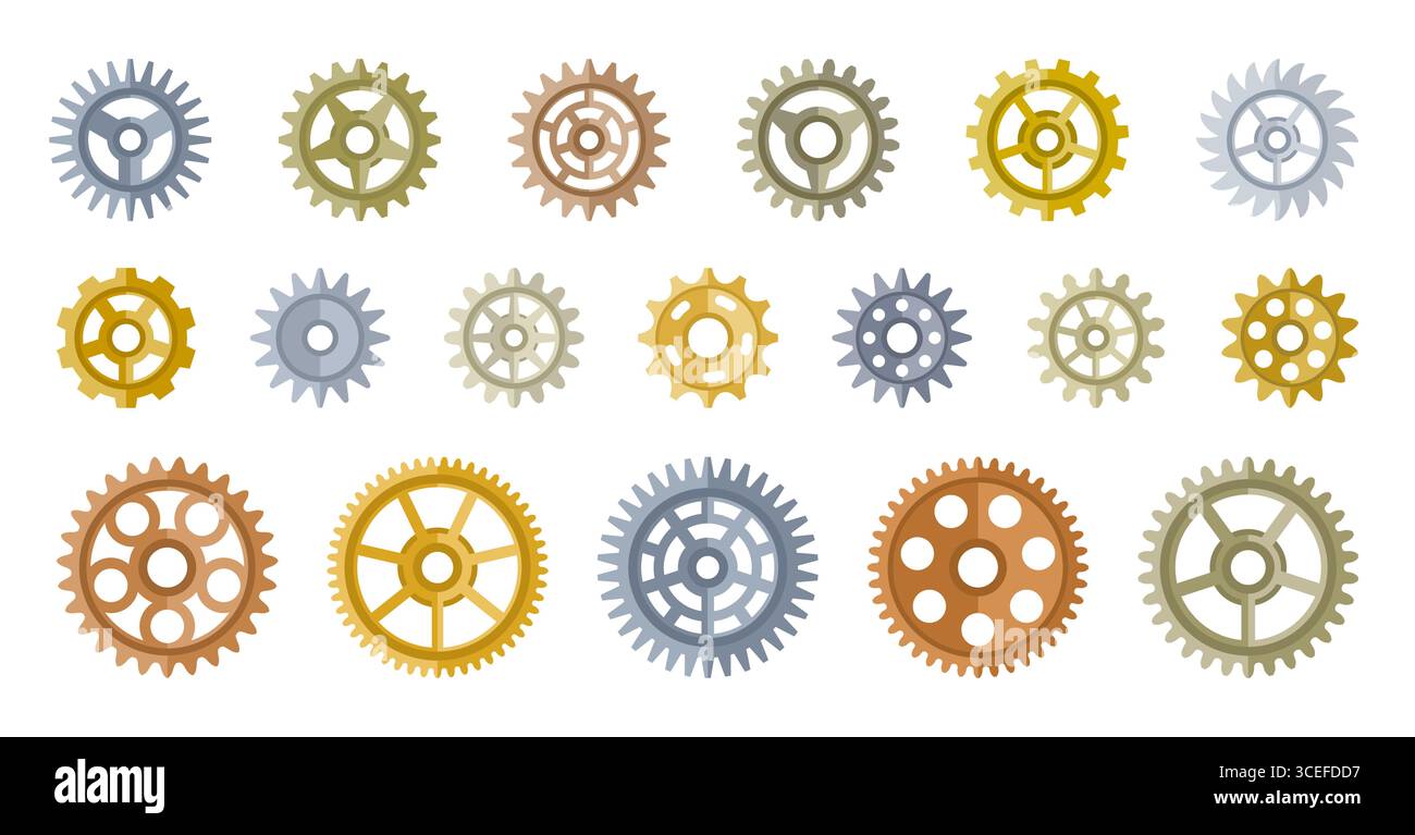Jeu de méplats métalliques. Roue dentée différentes formes tailles couleurs styles. Elément de mécanisme COG, détail technique, industriel. PIECE de machine a pignons rotatifs de PRECISION ronde. Symbole des réglages Illustration de Vecteur