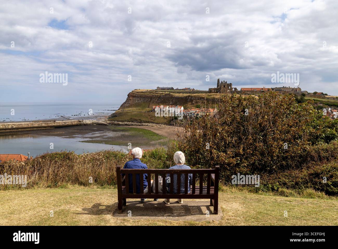 Pensionnés assis sur un banc surplombant Whitby Abbey et le port de Whitby, North Yorkshire, Angleterre Royaume-Uni Banque D'Images