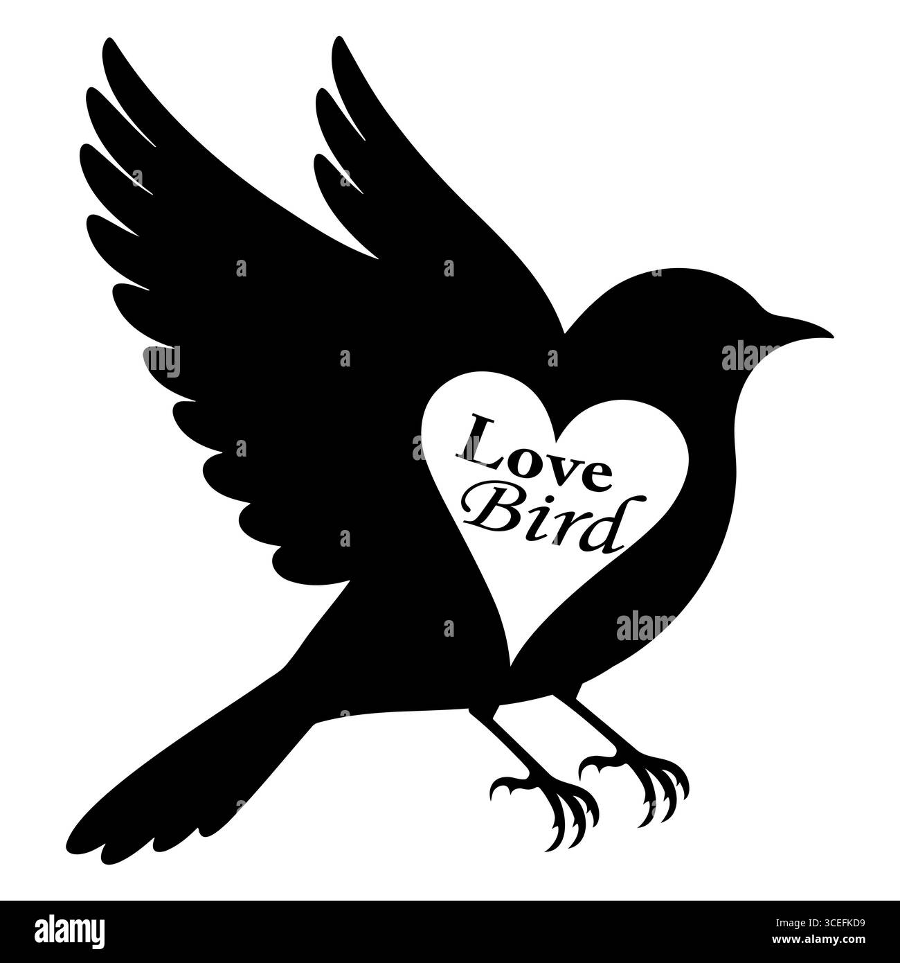 Silhouette perchée de songbird avec coeur découpé et texte d'oiseau d'amour, art vectoriel noir audacieux Illustration de Vecteur