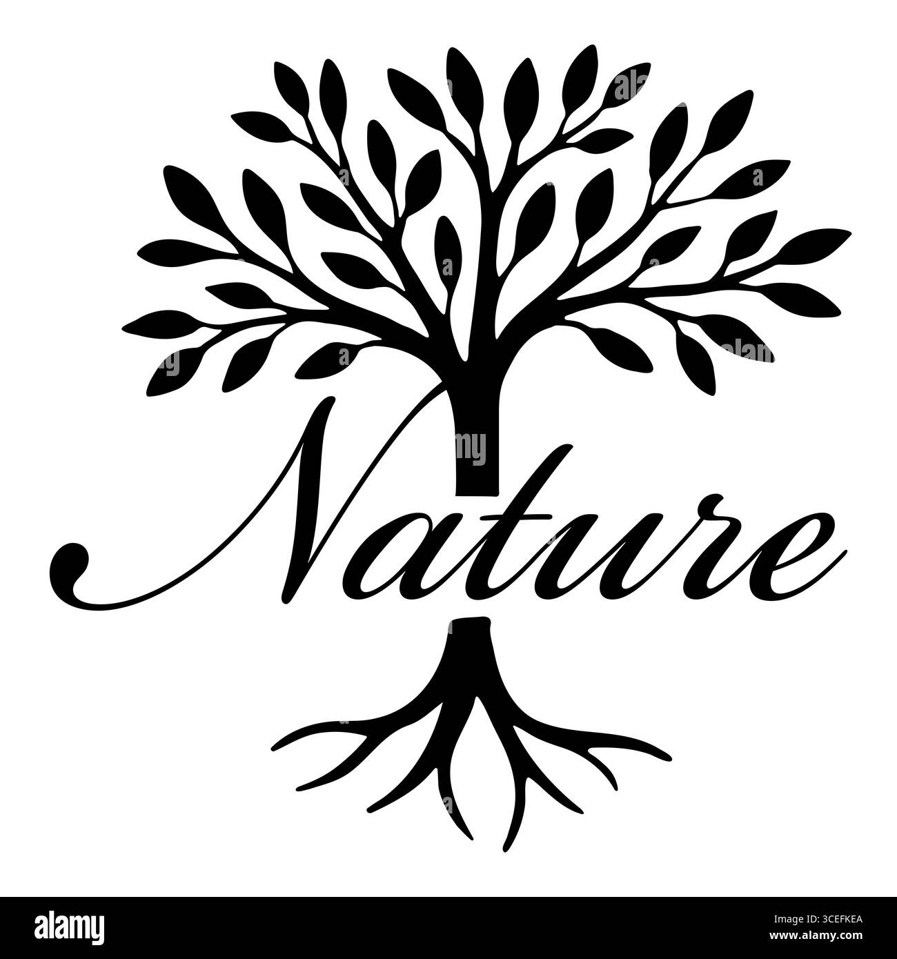 Silhouette d'arbre de la nature avec racines élégant script éco signe Illustration de Vecteur