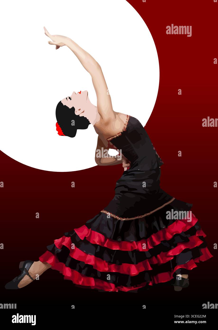 Beau jeune couple dansant flamenco. Illustration vectorielle 3d dessinée à la main Illustration de Vecteur