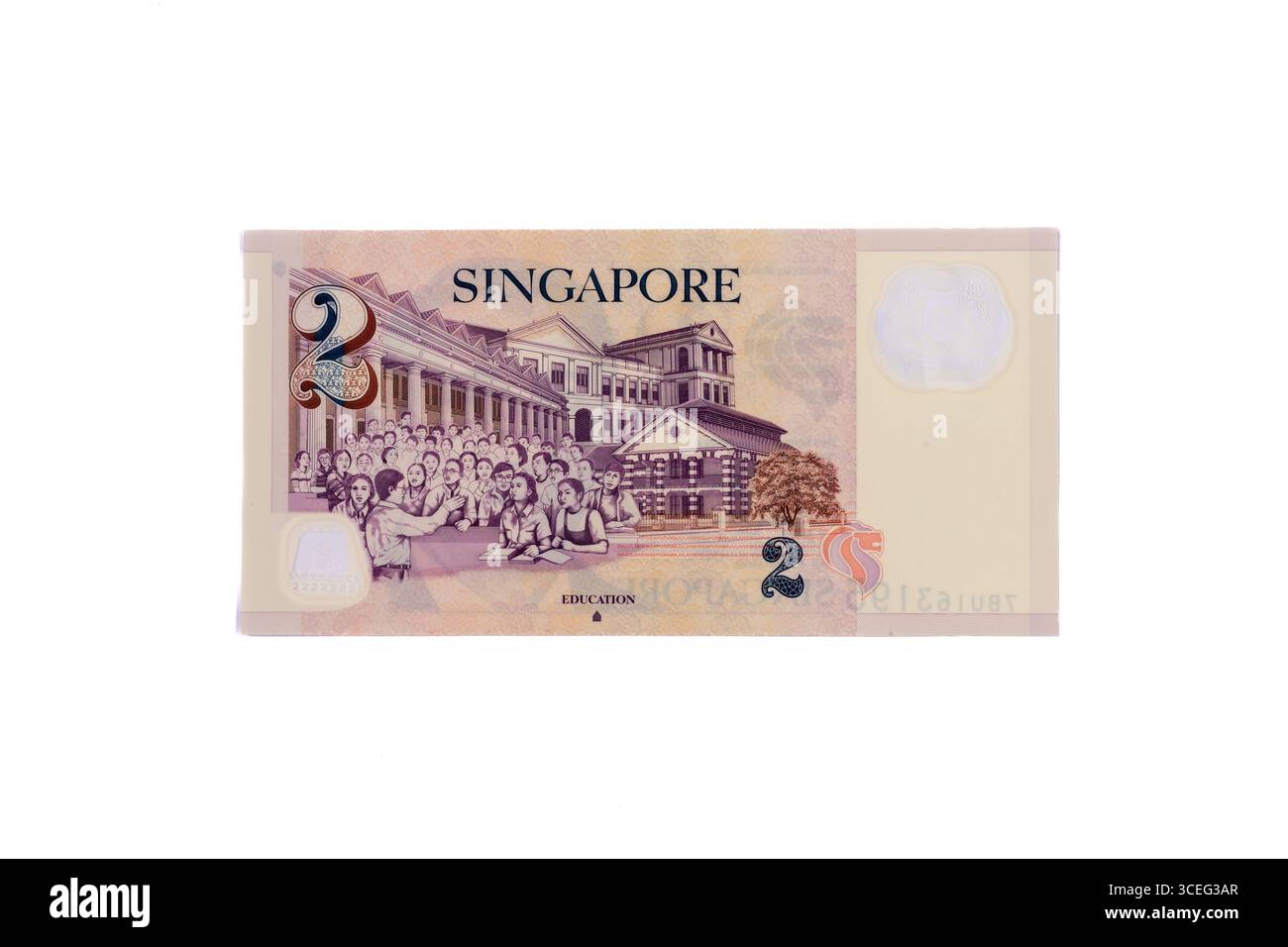 Singapour 2 Dollar Banknote Reverse Side avec thème de l'éducation et architecture institutionnelle Banque D'Images