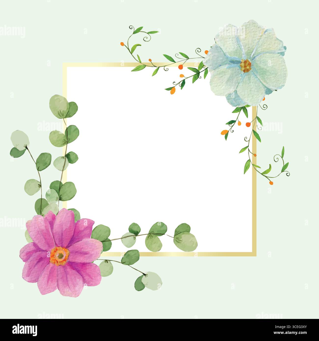Fleurs de jardin bleues et violettes douces avec des feuilles sur le modèle de carte de cadre doré. Carte romantique élégante et mignonne pour les événements. Bouquet floral aquarelle Illustration de Vecteur