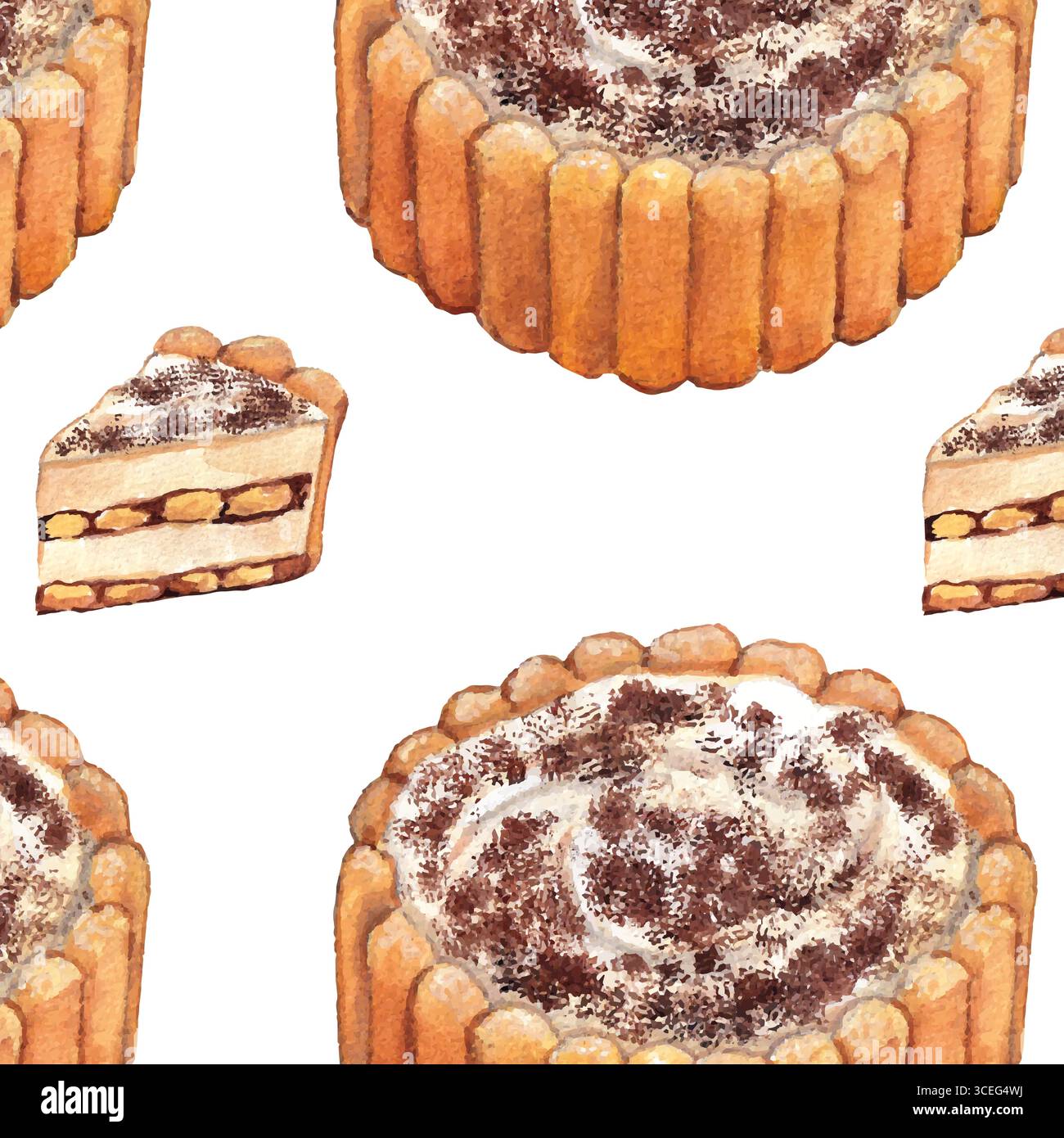 Motif aquarelle de Tiramisu Cake and Slice – motif de répétition de dessert italien classique. Dessert en couches avec éponge imbibée d'espresso, mascarpone Illustration de Vecteur