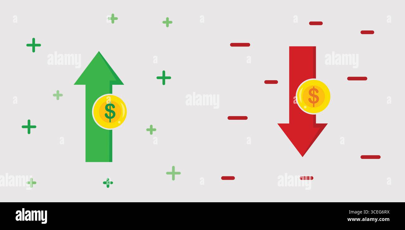 Flèches financières vers le haut et vers le bas avec signe dollar Illustration de Vecteur