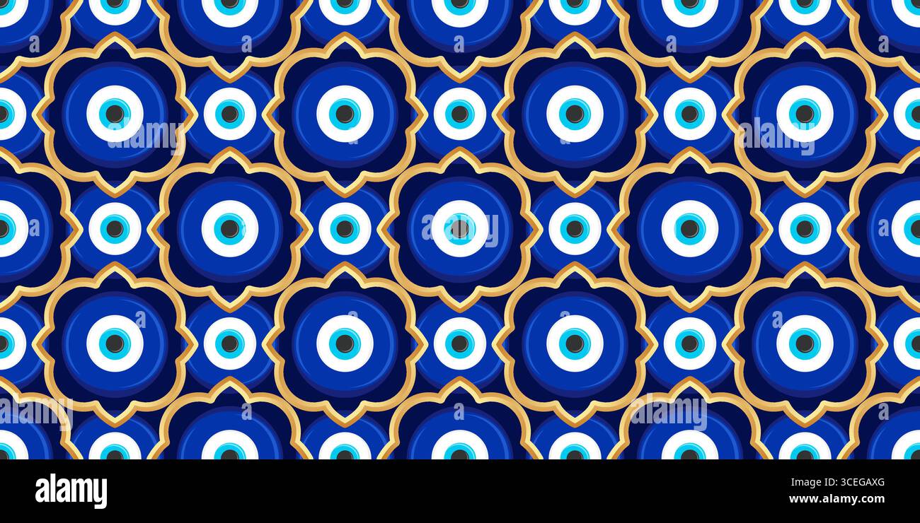 Mauvais oeil grec modèle sans couture. Fond de vecteur avec des perles bleues. nazar turc - symbole ethnique de l'énergie de protection et de la chance. Amulette mystique avec Illustration de Vecteur