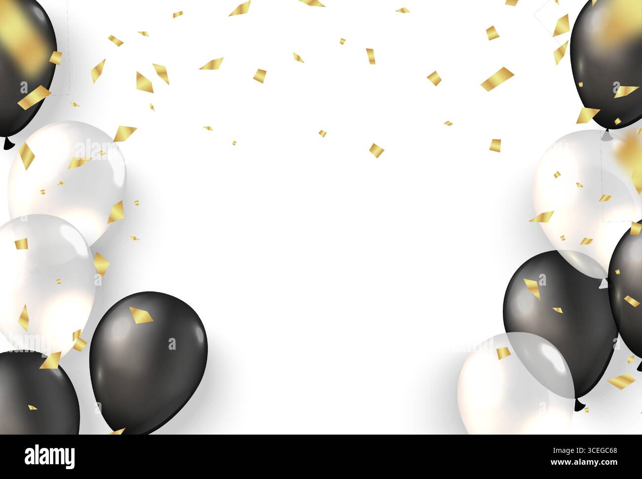 Bannière réaliste de célébration d'anniversaire ou de vente avec des ballons blancs et noirs et des confettis dorés. Affiche festive ou carte d'invitation avec espace de copie, est Illustration de Vecteur