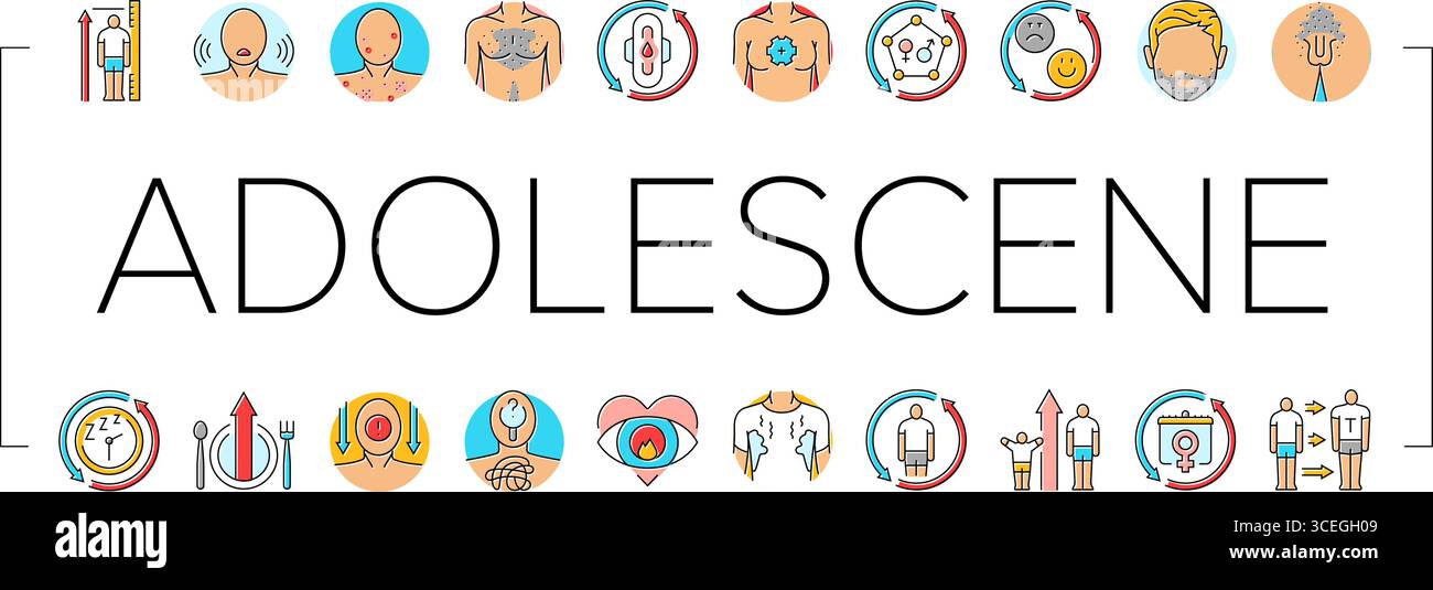 vecteur d'ensemble d'icônes de croissance de puberté d'adolescence Illustration de Vecteur