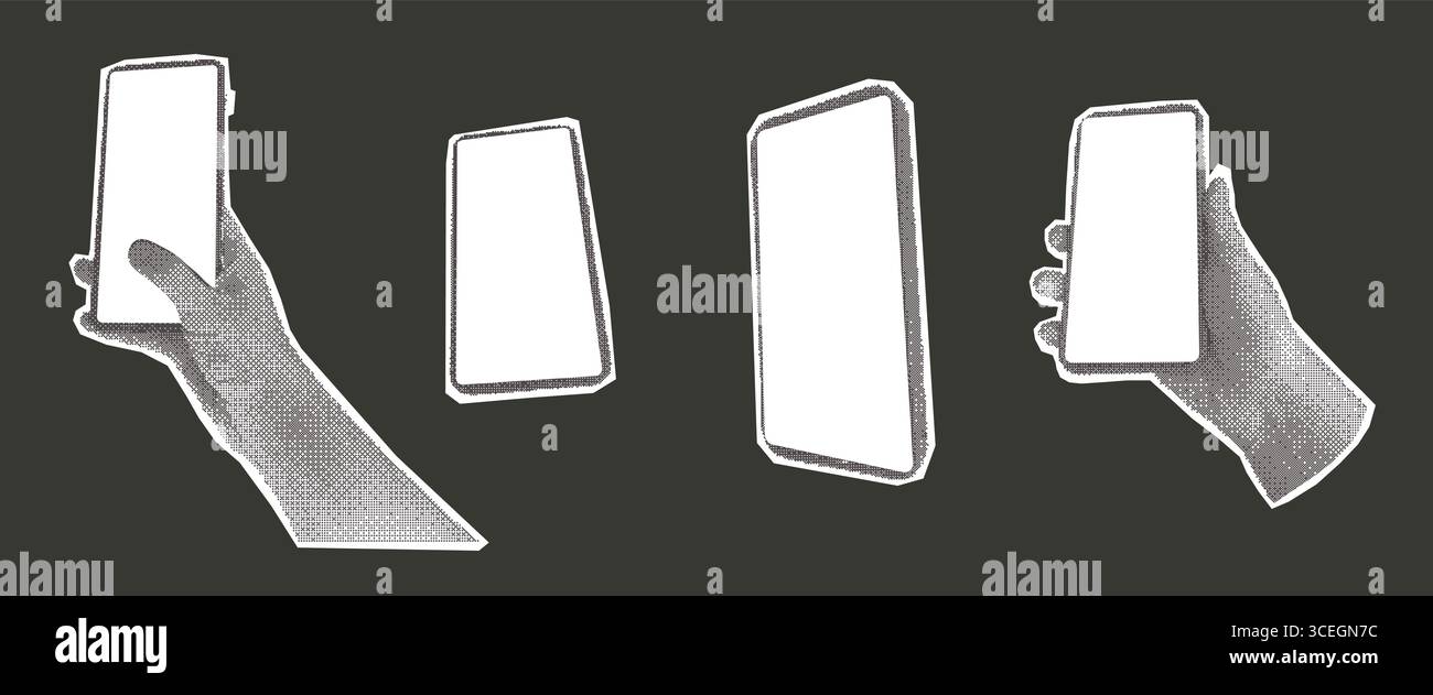 Mains demi-teintes tenant un ensemble de collage de téléphones. Modèles mobiles découpés autocollants pour supports mixtes. Morceaux de smartphones de journaux avec des elemen d'écran vide Illustration de Vecteur