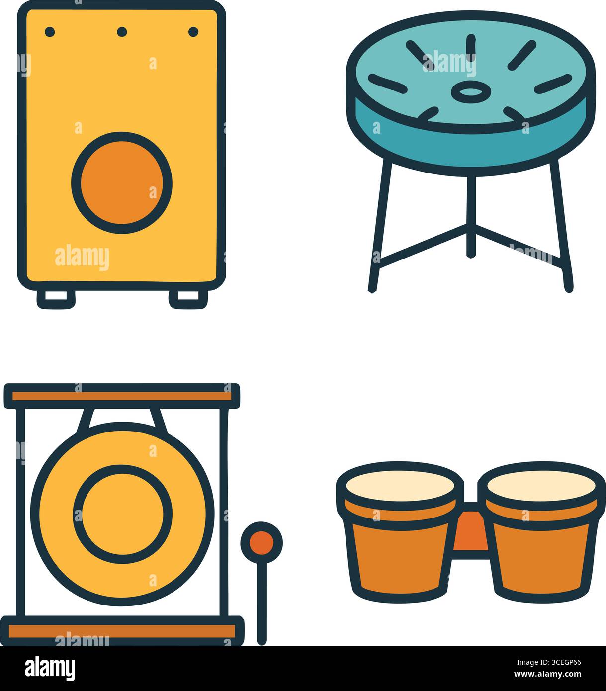 Motif de percussion moderne avec un tambour de boîte, un handpan en acier sur un stand jumelé bongos et un batteur. Illustration de Vecteur