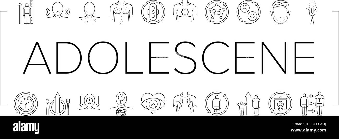 vecteur d'ensemble d'icônes de croissance de puberté d'adolescence Illustration de Vecteur