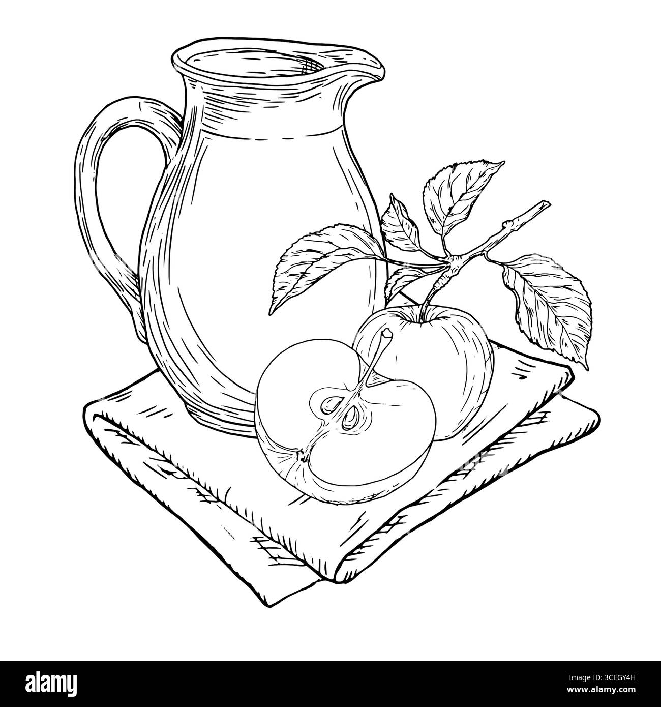 Un pichet de jus de pomme et de pommes mûres, un croquis noir et blanc. Illustration vectorielle. Fruits mûrs tranchés en tranches et boisson saine isolé sur blanc Illustration de Vecteur
