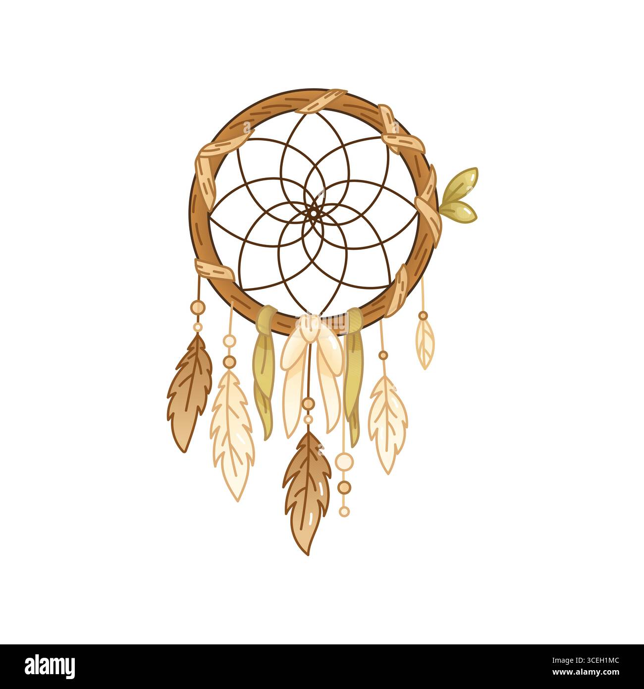 Illustration décorative Dreamcatcher avec des plumes et des feuilles dans des tons marron et beige. Boho halloween clipart pour des projets rustiques et confortables. Illustration de Vecteur