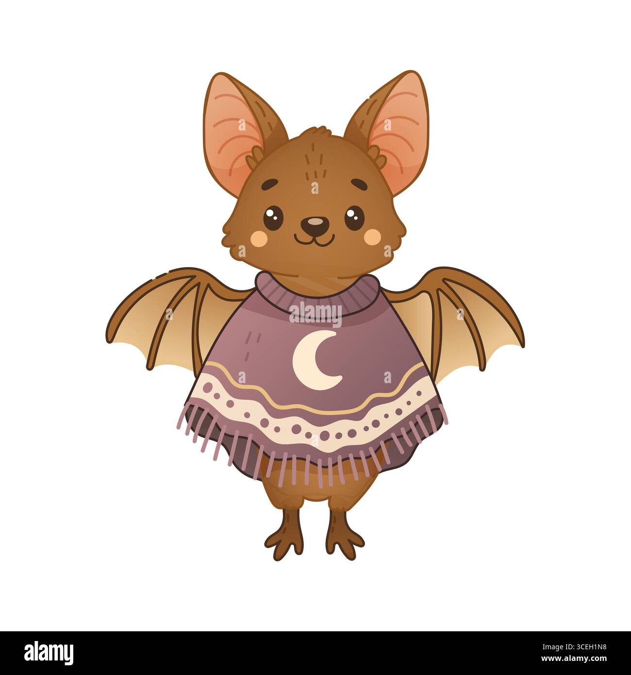 Chauve-souris Kawaii debout dans un poncho confortable avec symbole de lune. Clipart parfait pour le décor d'Halloween, les thèmes de pépinière et l'artisanat d'automne. Illustration de Vecteur