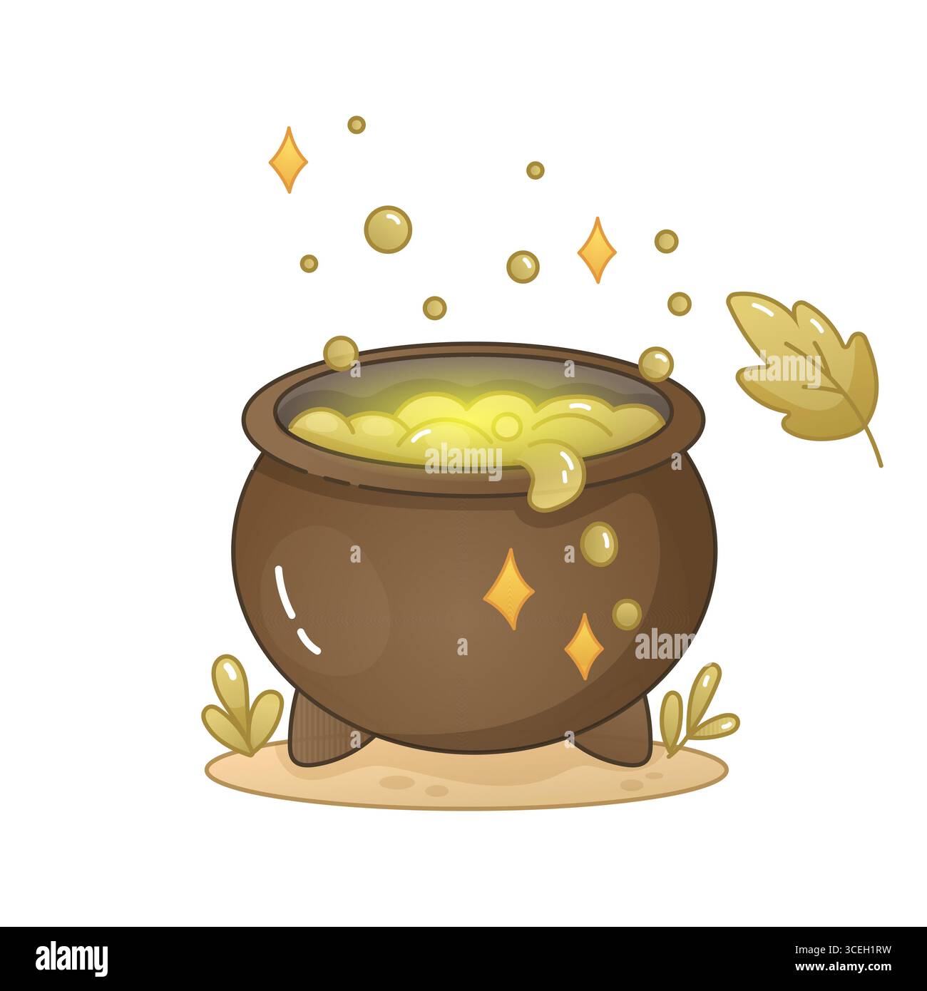 Chaudron bouillant mignon avec potion verte et étincelles dans un style boho. Parfait pour Halloween clipart, potion et illustrations sorcières. Illustration de Vecteur