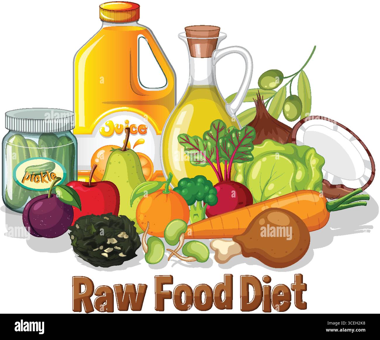 Illustration vectorielle vibrante des aliments crus, y compris les fruits, les légumes et les huiles. Les couleurs vives et la composition détaillée renforcent l'attrait visuel Illustration de Vecteur
